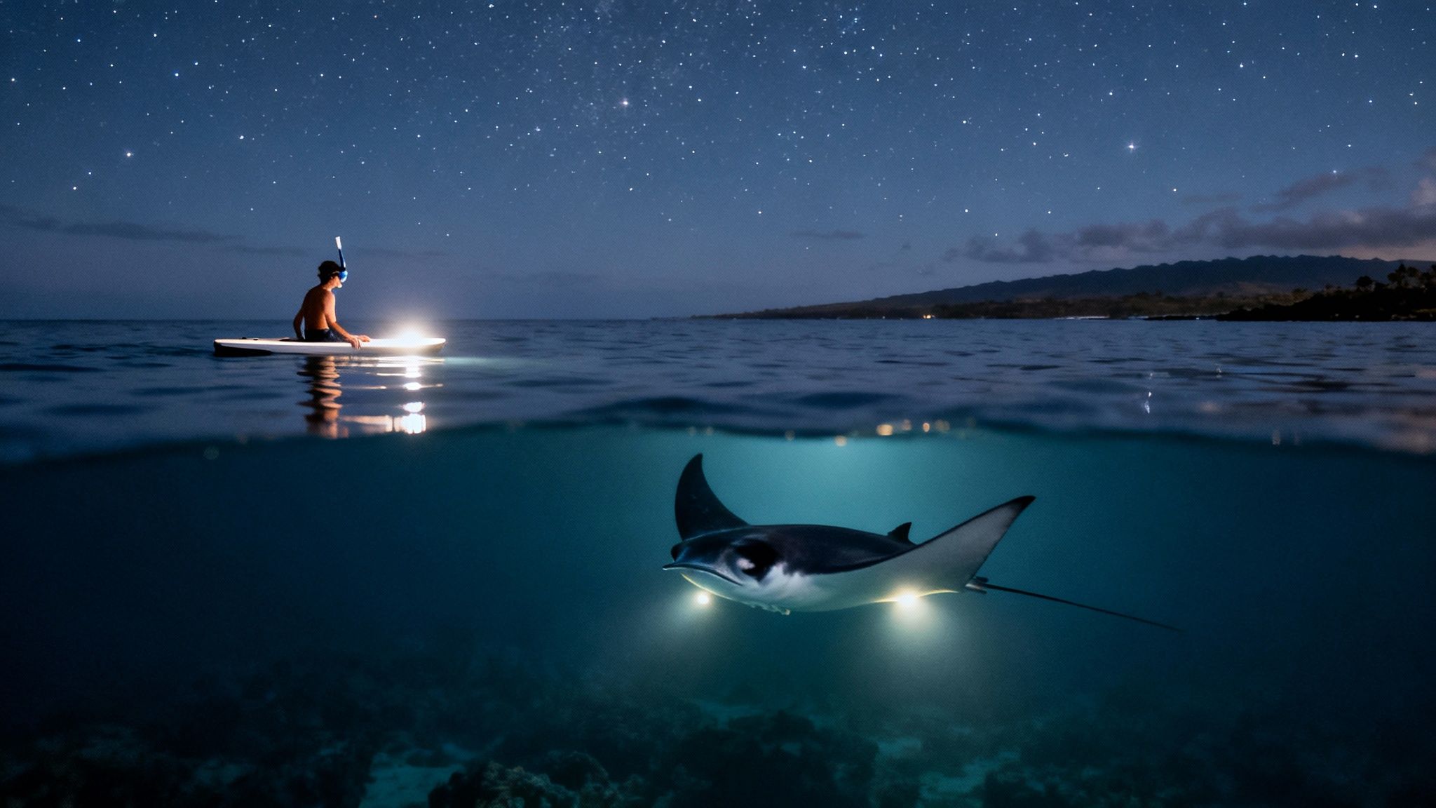 Over-under shot of a person on a paddleboard snorkeling at night under a starry sky, with an illuminated manta ray underwater.