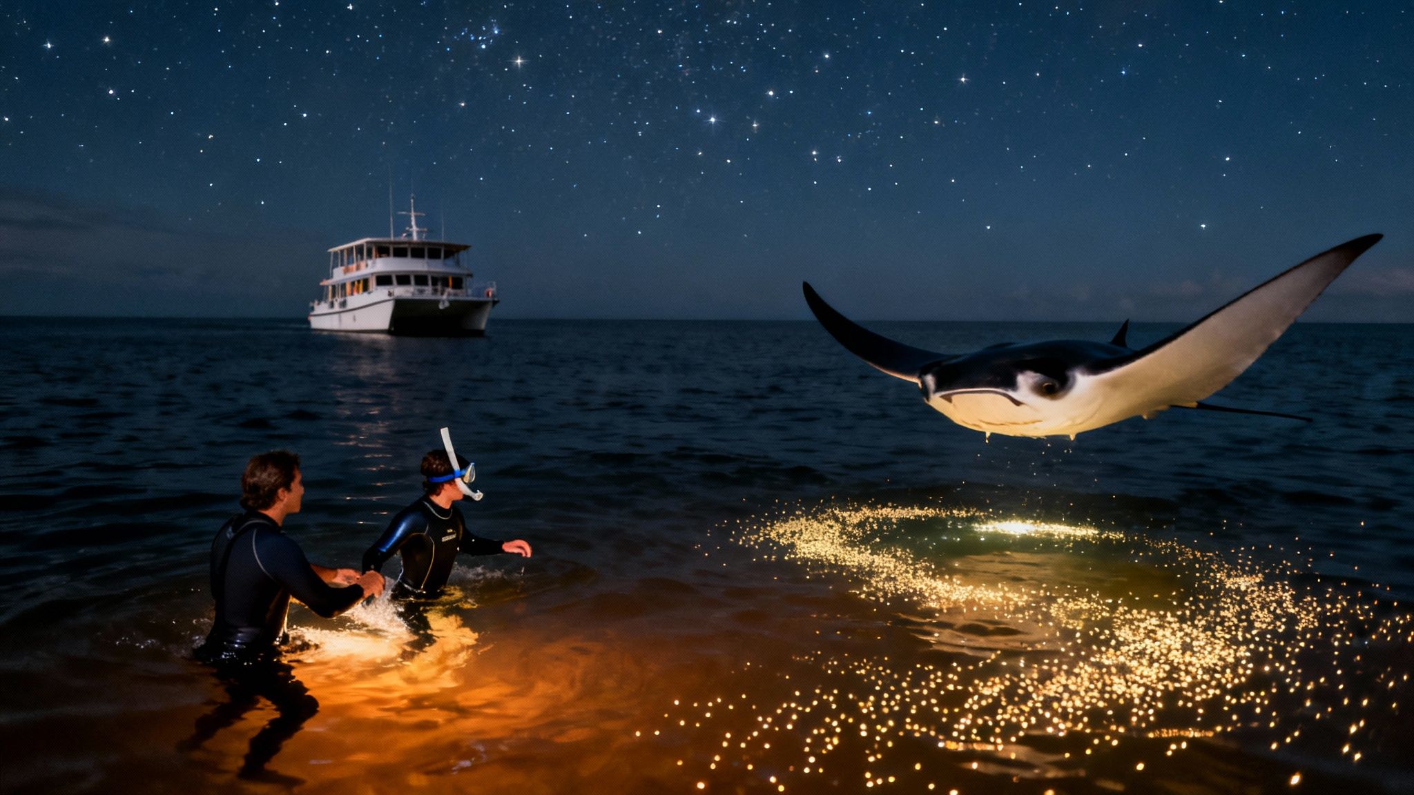 Two snorkelers watch a majestic manta ray swim above glowing water under a starry night sky.