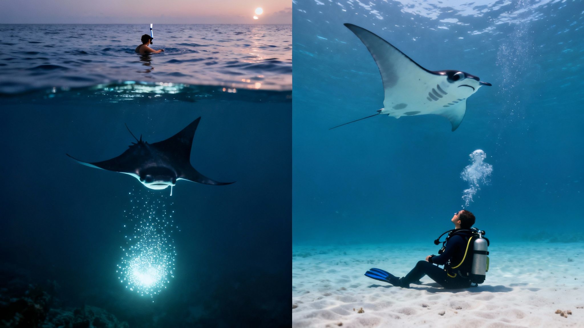 A split image showing a snorkeler above a manta ray at sunset and a scuba diver looking up at a manta ray underwater.