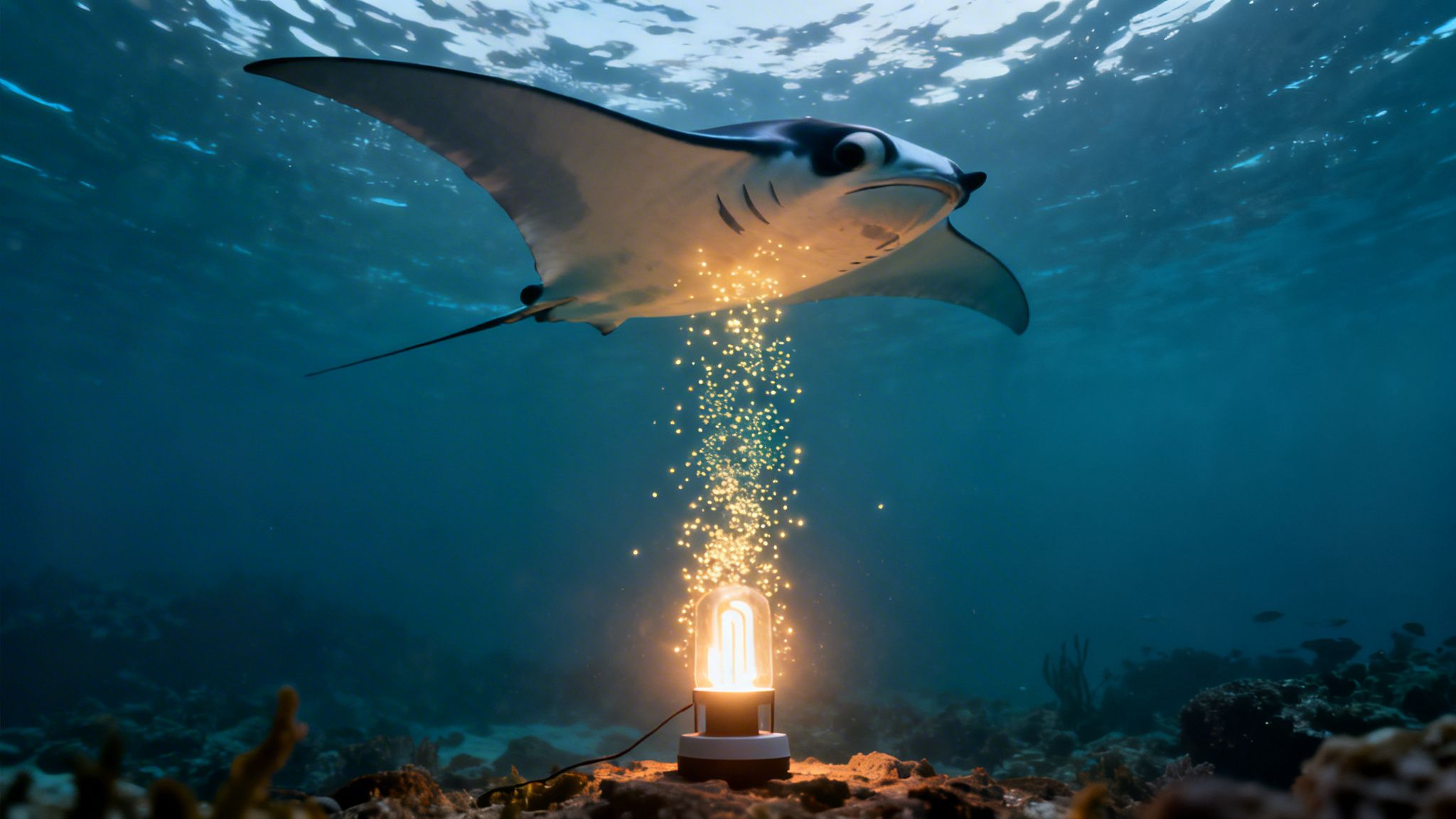 A majestic manta ray swims above a glowing light on the ocean floor, with golden sparks.
