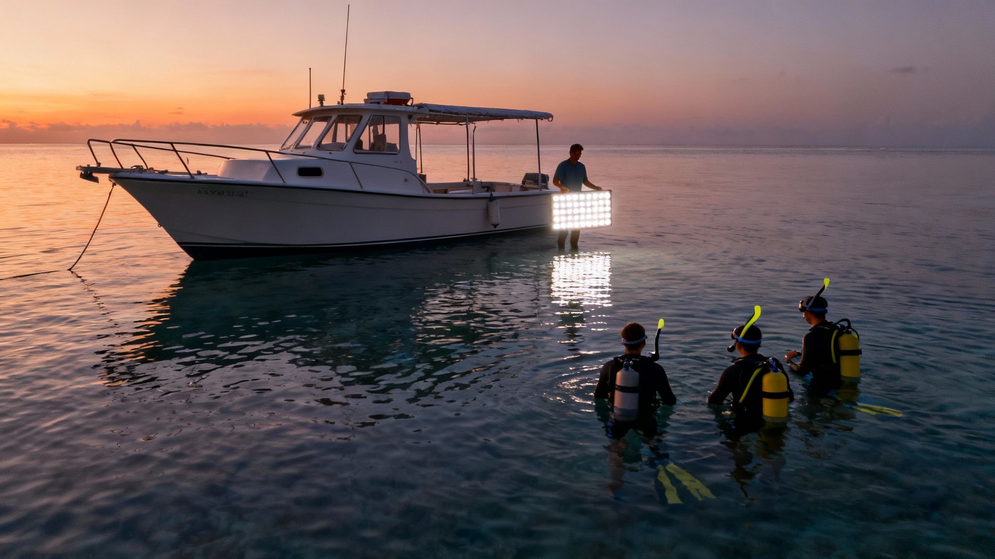 People preparing for a night snorkel with a boat and powerful light at sunset.