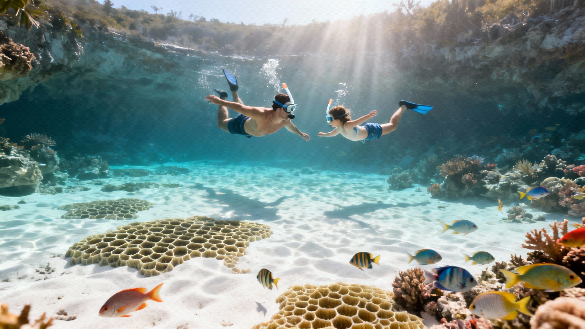 Father and child snorkeling in clear blue water, surrounded by colorful fish and coral reefs.