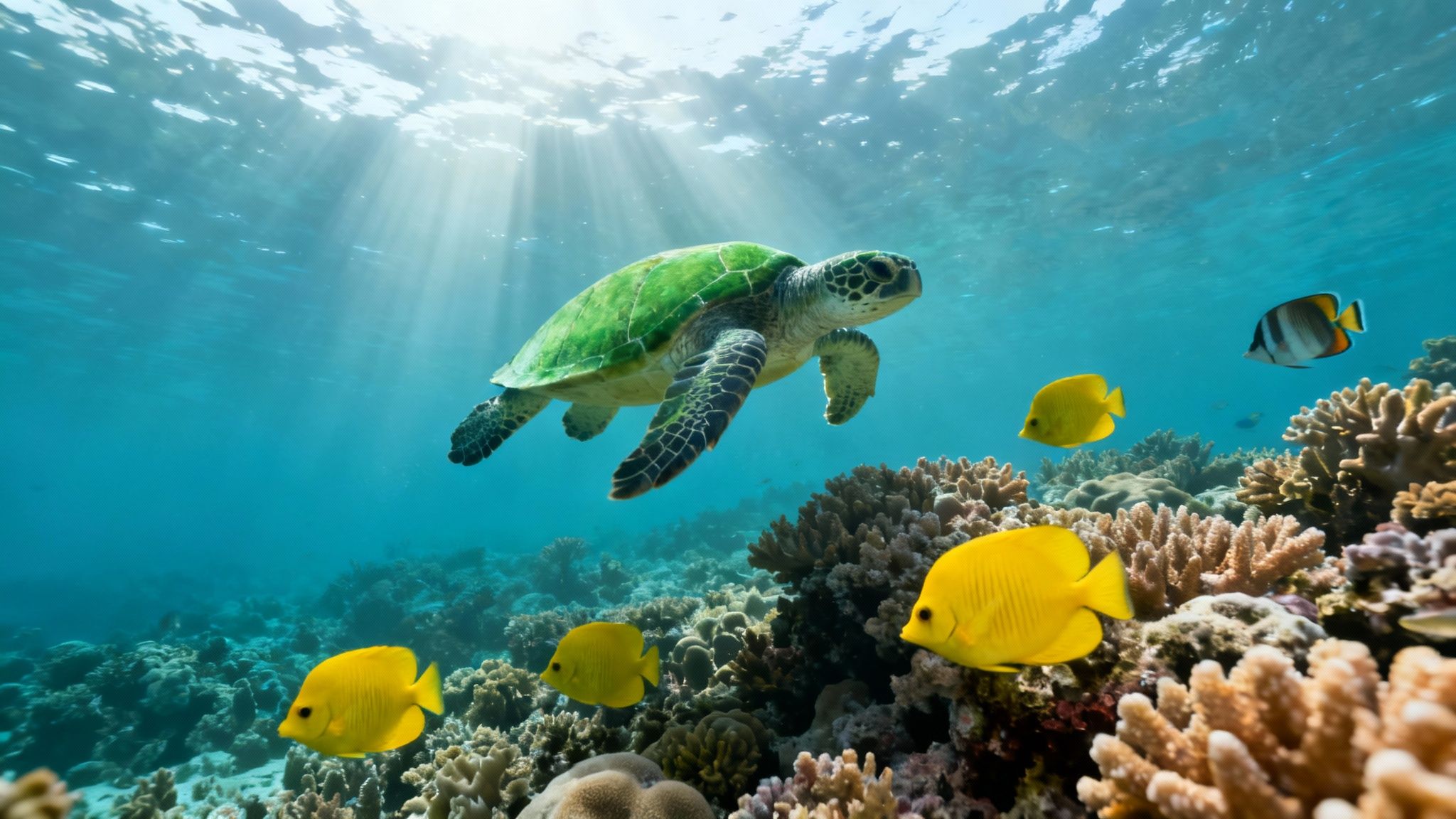 A green sea turtle swims gracefully above a vibrant coral reef with yellow fish and sunrays.