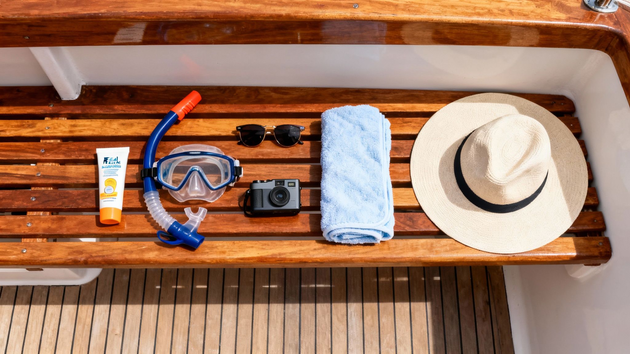 A flat lay of snorkel gear, sunscreen, sunglasses, camera, towel, and hat on a wooden deck.