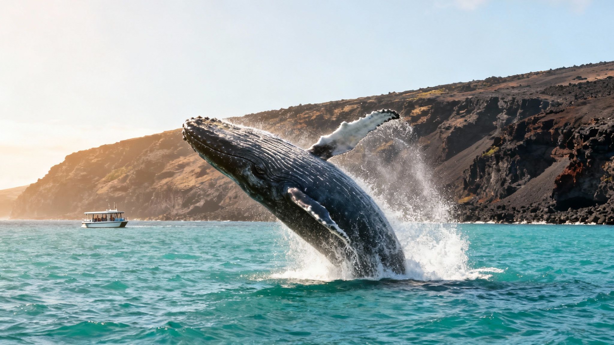 A humpback whale breaching dramatically near the Big Island coast