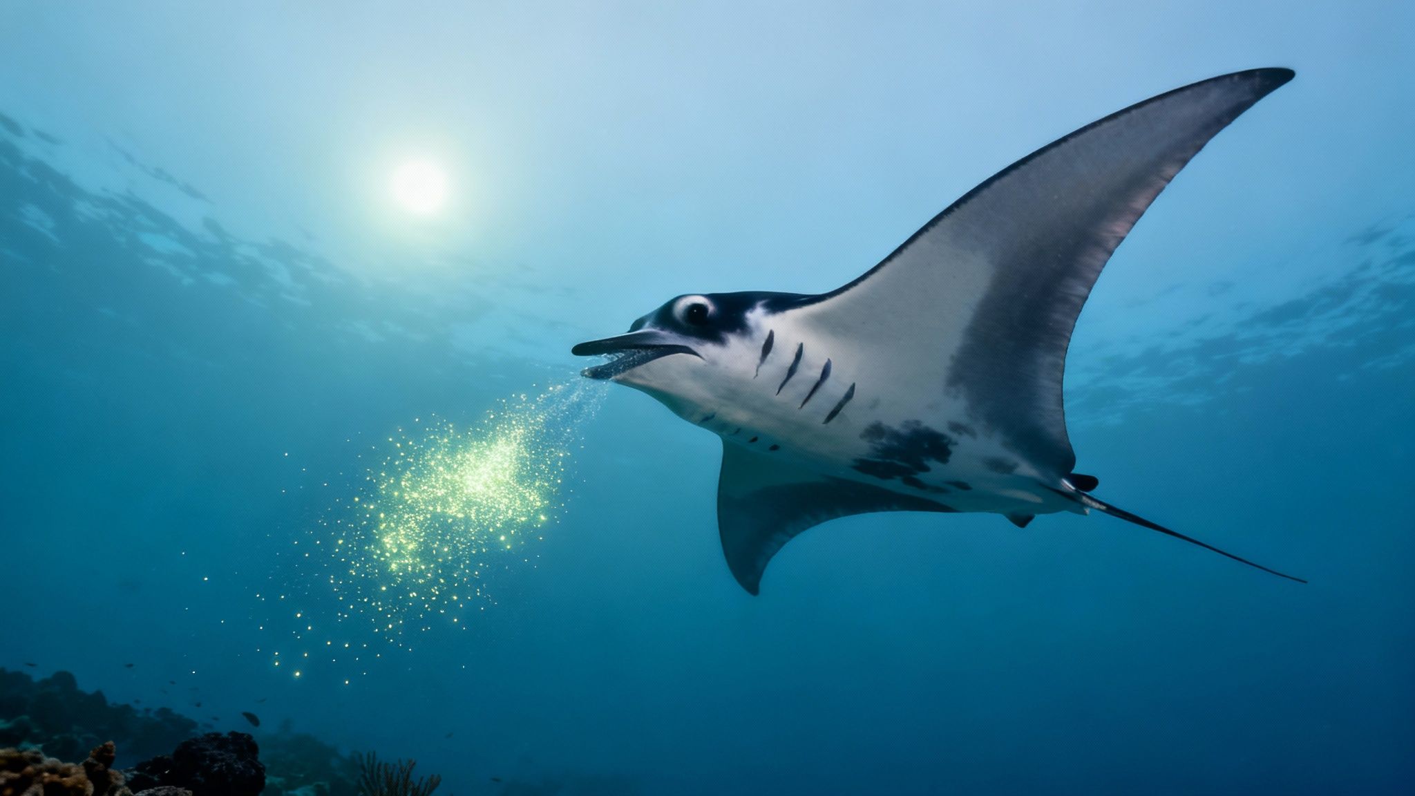 A majestic manta ray swims underwater, exhaling sparkling golden particles under the sunlit surface.