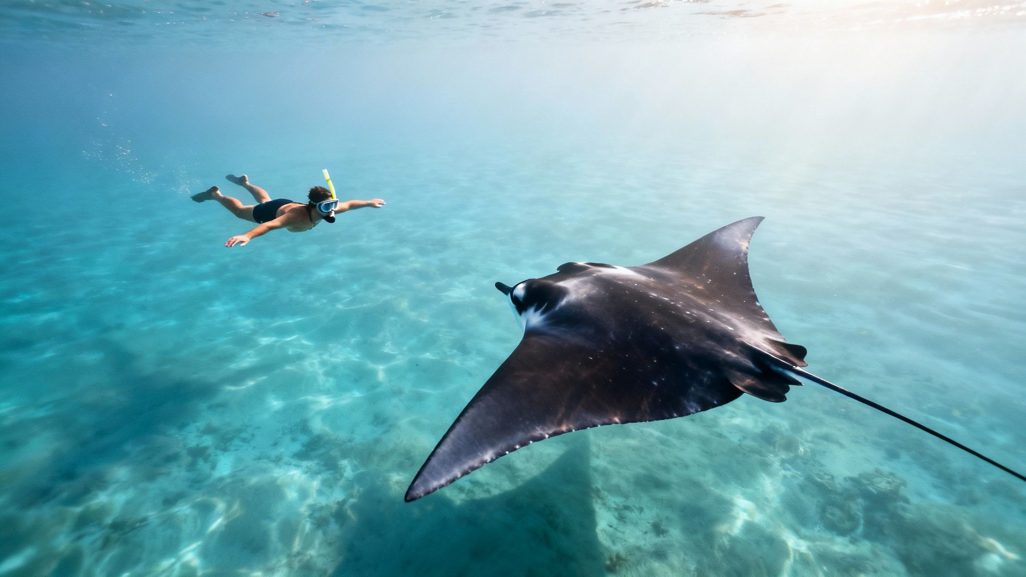 A man snorkeling underwater observes a majestic manta ray swimming in clear blue tropical waters.