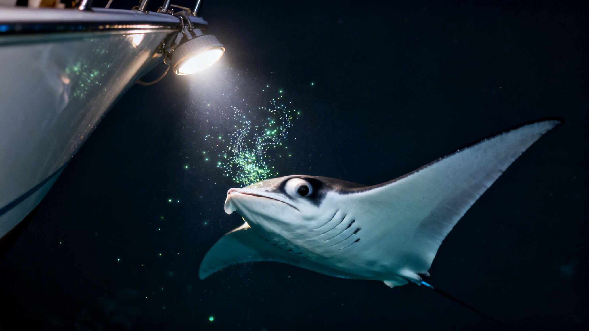 A majestic manta ray gracefully swims beneath a boat's bright light during a night snorkel.