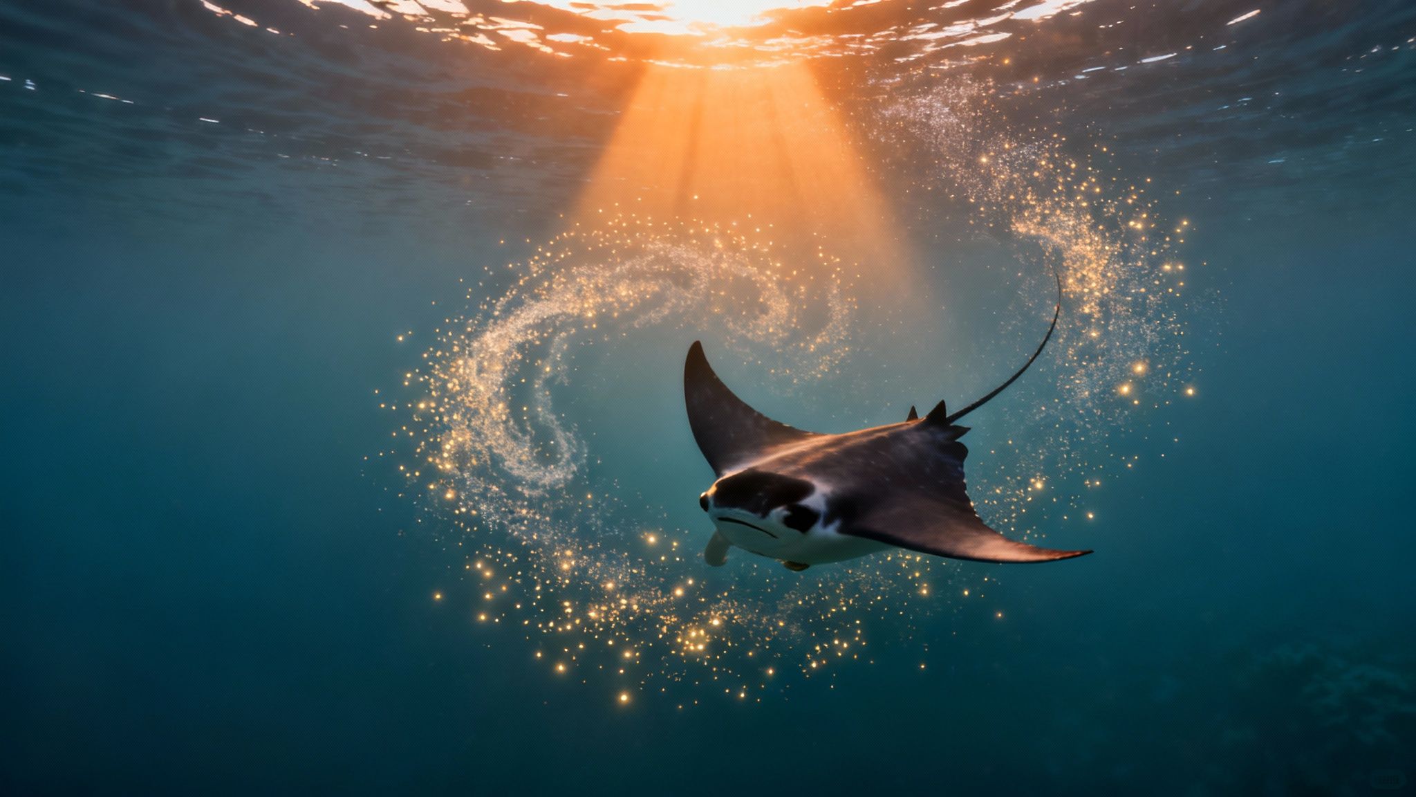 A majestic manta ray swims underwater, surrounded by golden sparkles and sunlight.