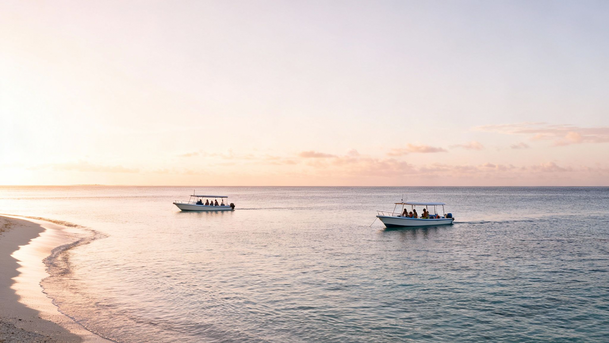 Two boats with people cruising near a tropical beach at sunset, with soft pastel sky and calm ocean.