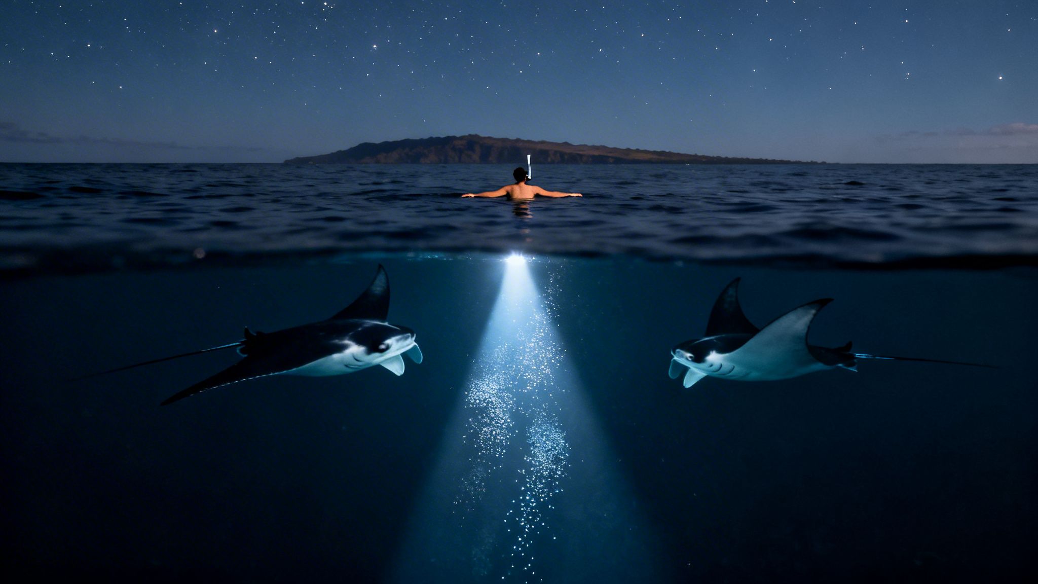 A person night snorkeling under a starry sky illuminates two two manta rays swimming underwater.