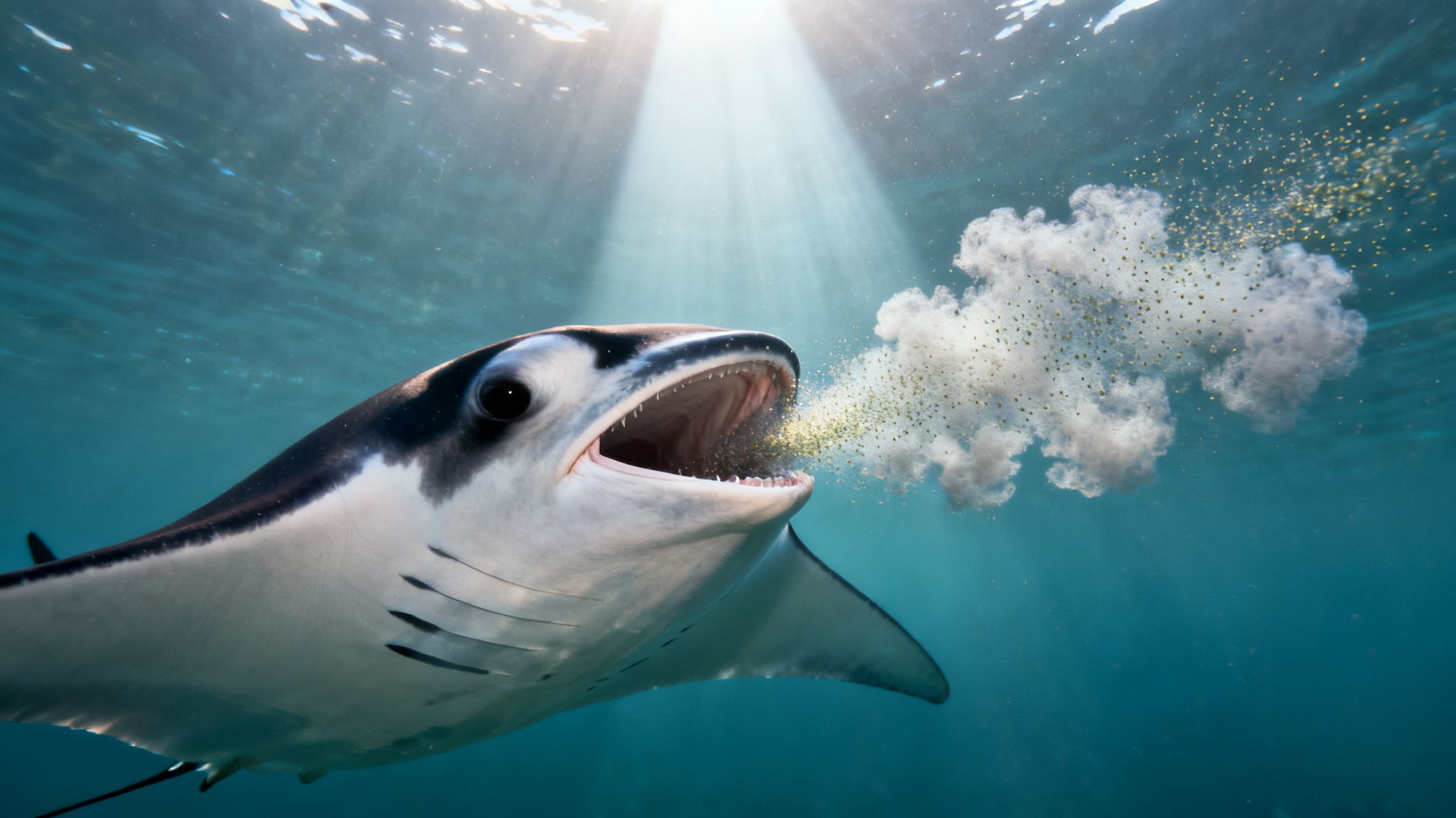 A majestic manta ray underwater, expelling a cloud of plankton and bubbles with sunlight from above.