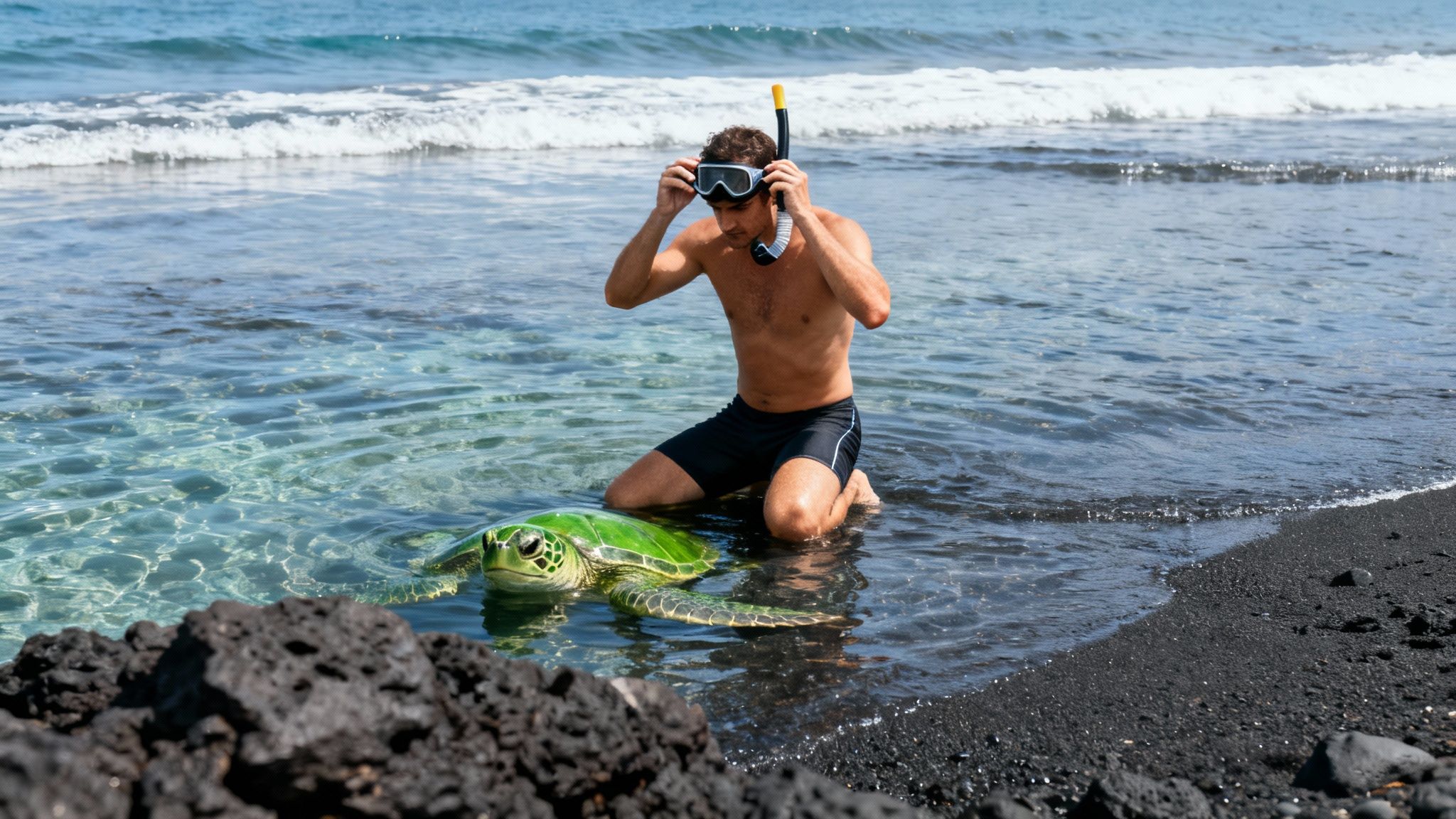 A man in snorkel gear kneels next to a green sea turtle on a black sand beach.