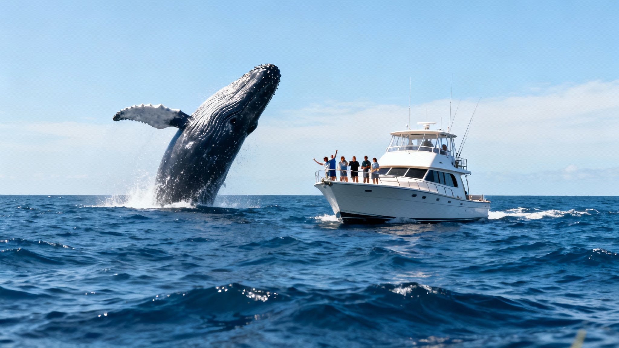 Excited tourists on a boat watch a magnificent humpback whale breaching out of the blue ocean.