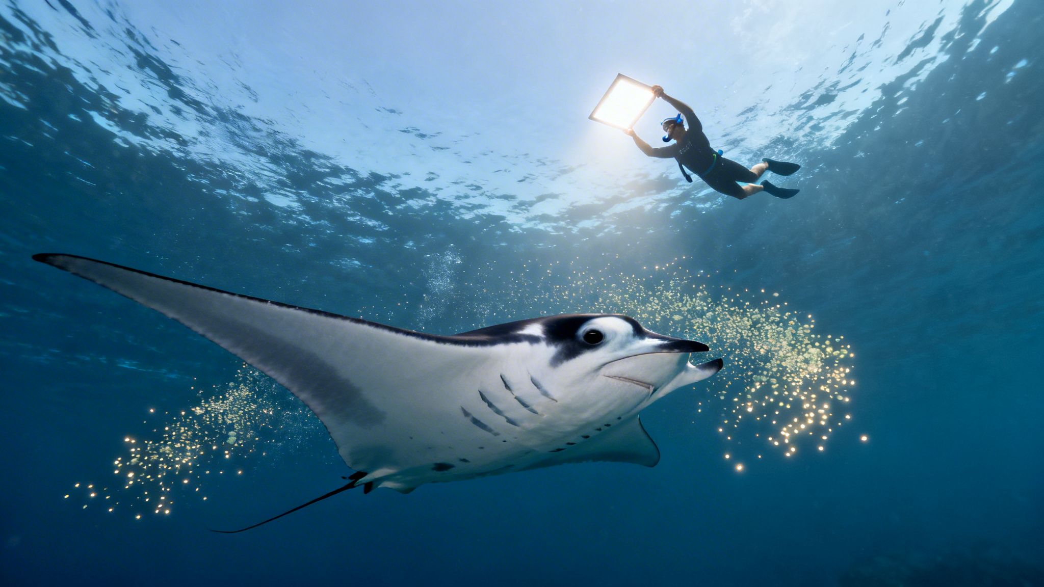 A diver with a light illuminates a manta ray swimming underwater amidst glowing particles.