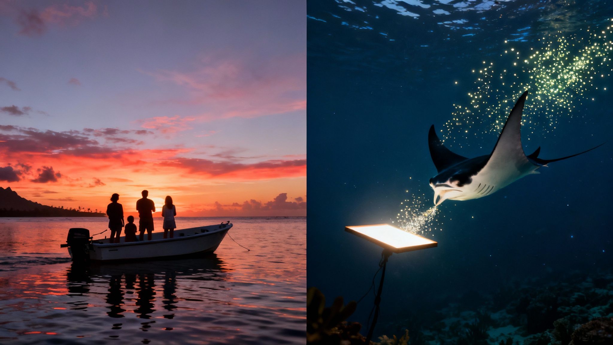 A split image: family on a boat at sunset on left, manta ray feeding underwater on right.