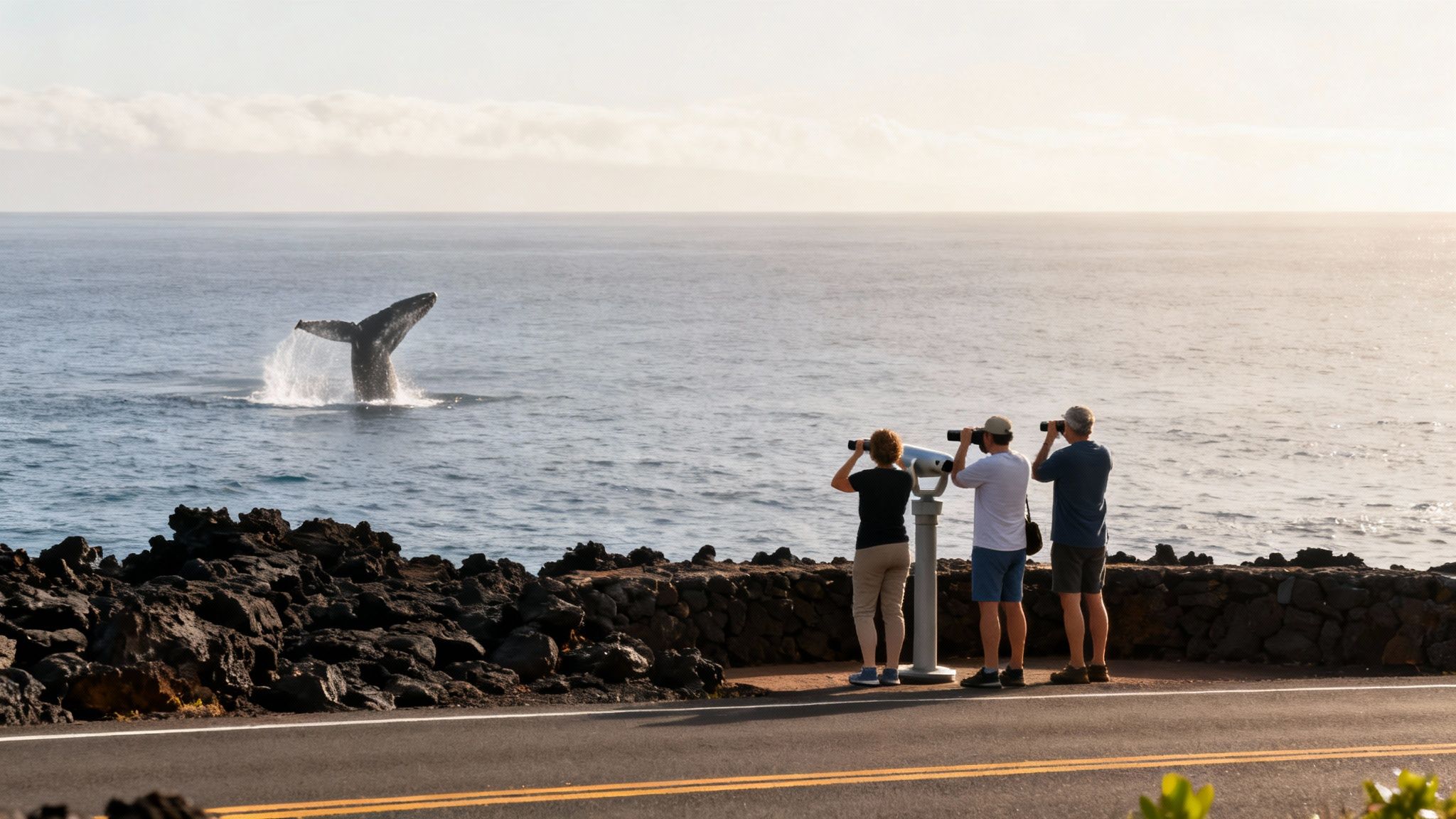 Tourists watch a humpback whale's tail breach in the ocean from a scenic overlook.