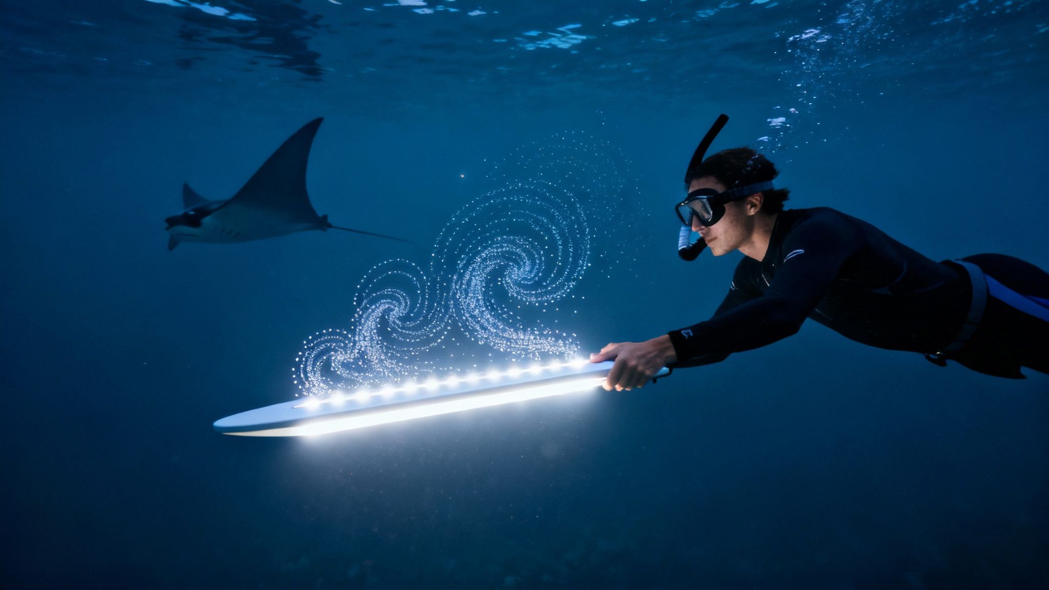 Snorkeler swimming underwater with illuminated surfboard near manta ray in deep blue ocean