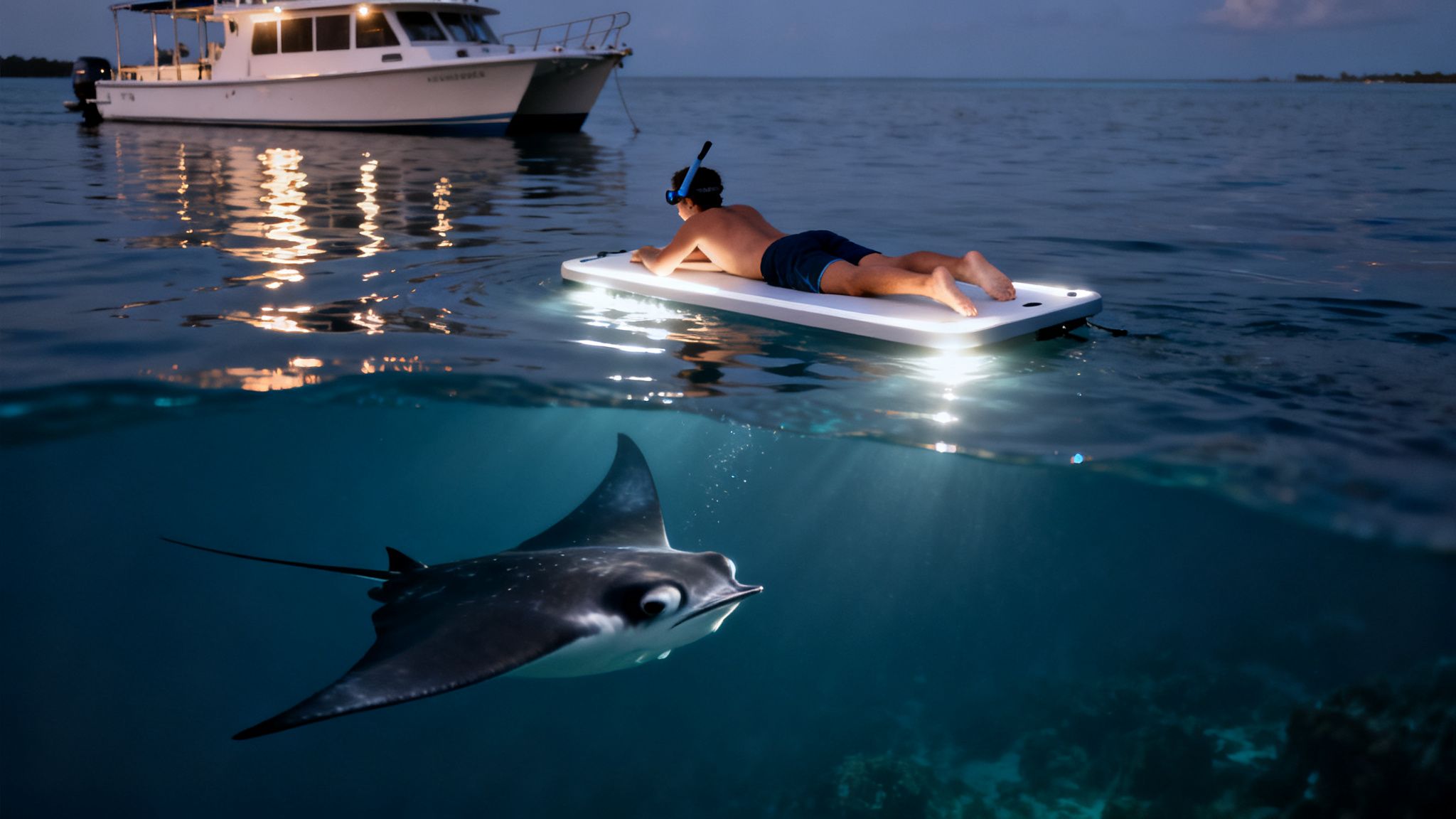 A boy snorkels on a lit board at night, while a majestic manta ray swims below.