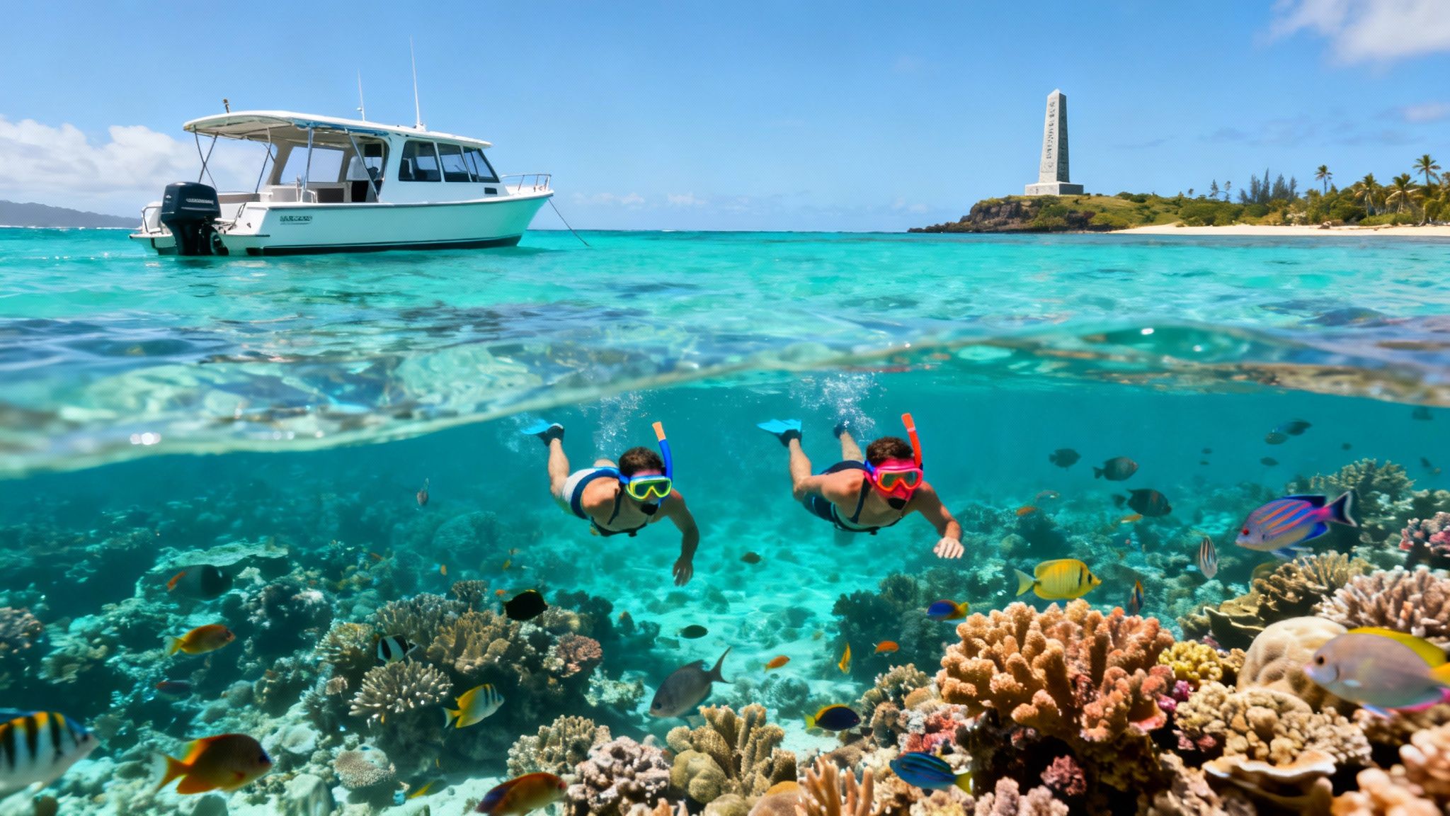 Split view of people snorkeling in a vibrant coral reef with a tropical island and boat.