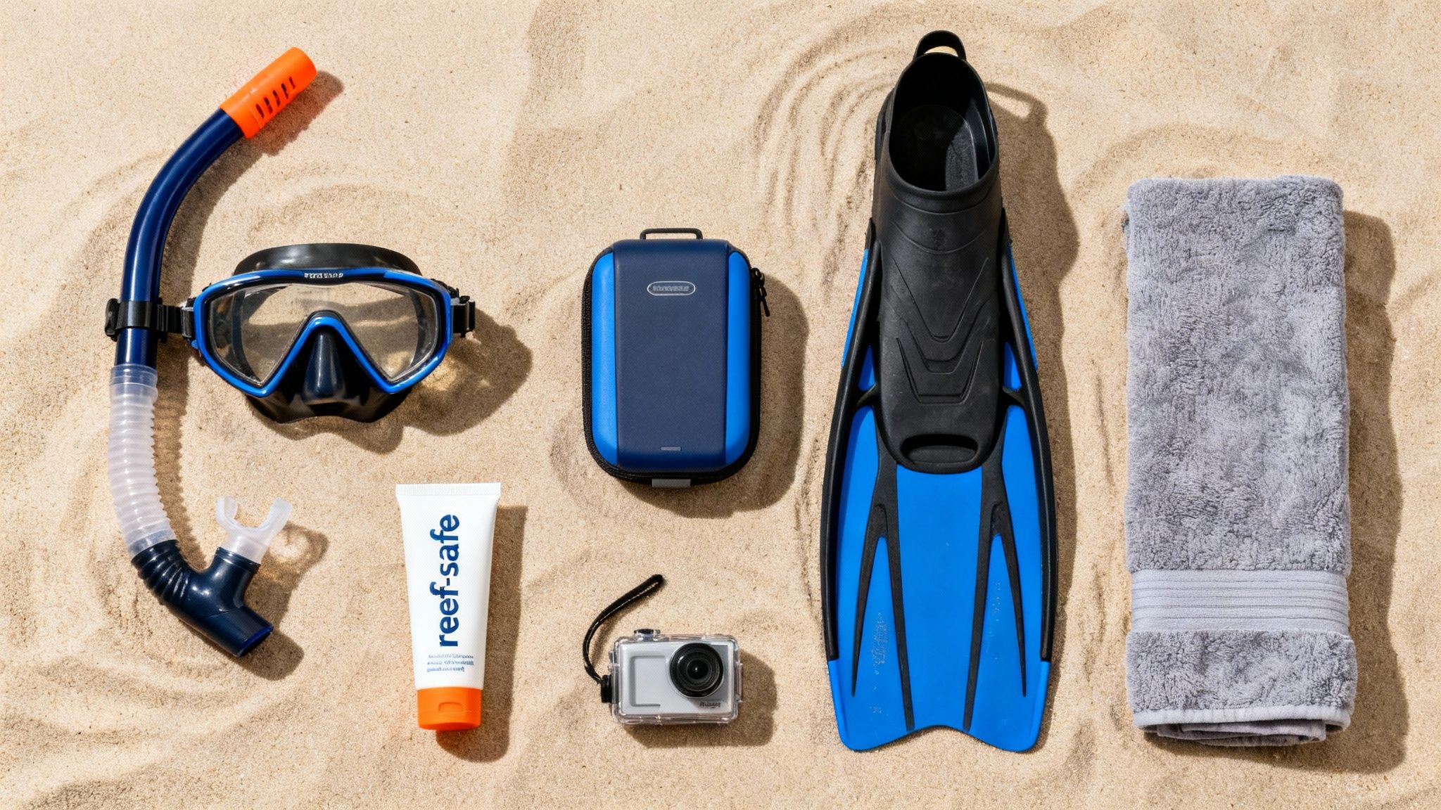 A snorkeler's fins and mask resting on the sand with the clear blue ocean in the background.