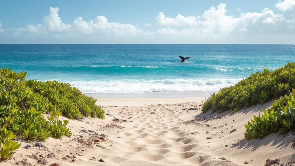 A humpback whale's tail fin rises from the ocean, as seen from a Big Island beach.