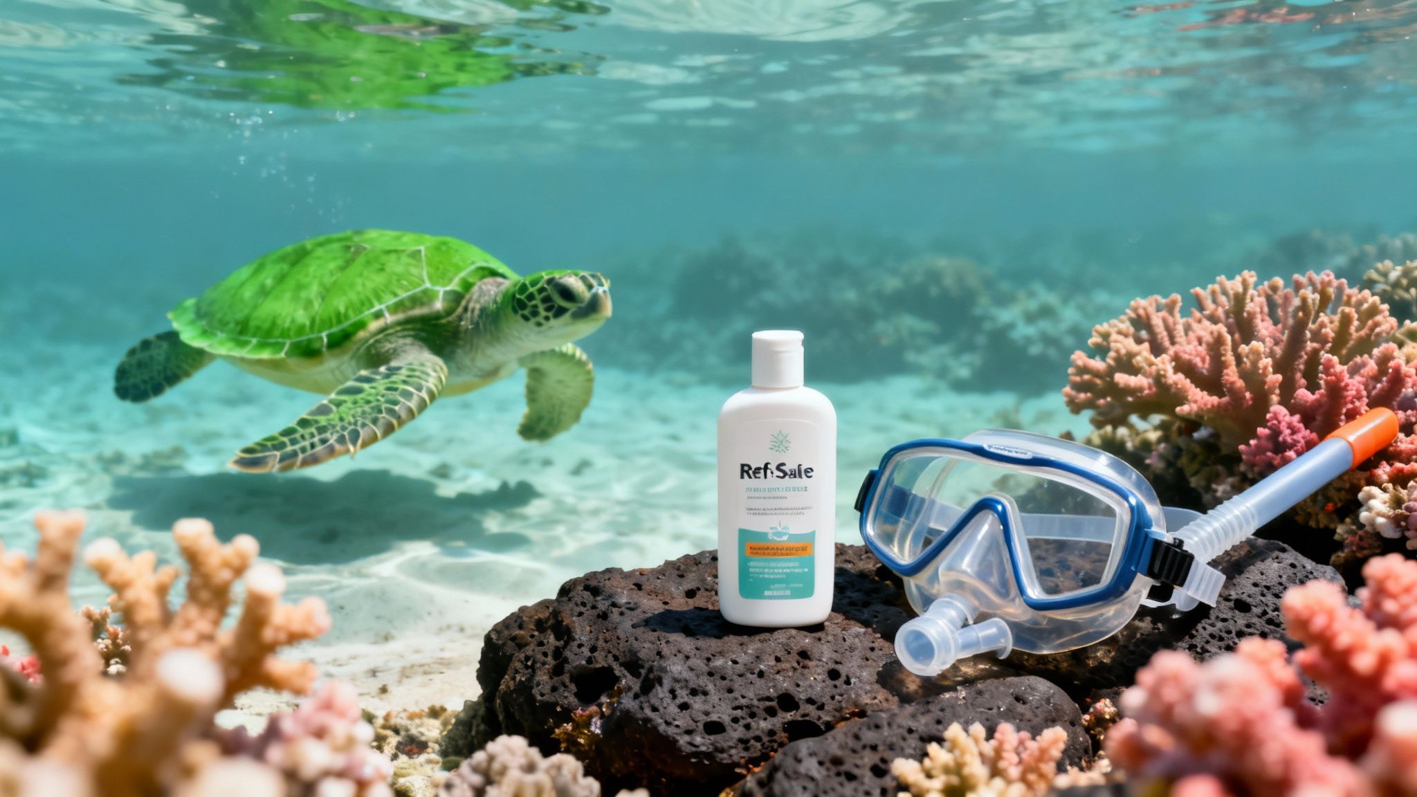 A vibrant green sea turtle swims past reef-safe sunscreen, a snorkel, and mask on a coral reef.