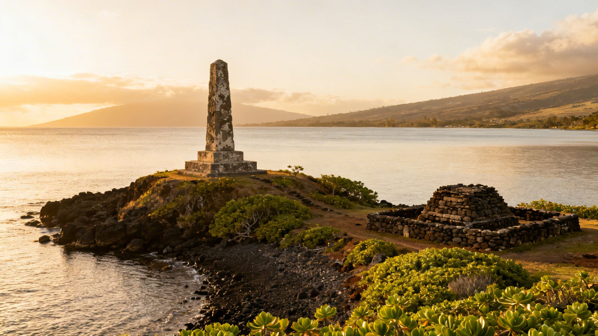 Golden sunset over Kealakekua Bay, Hawaii, with Captain Cook Monument and ancient stone temple.