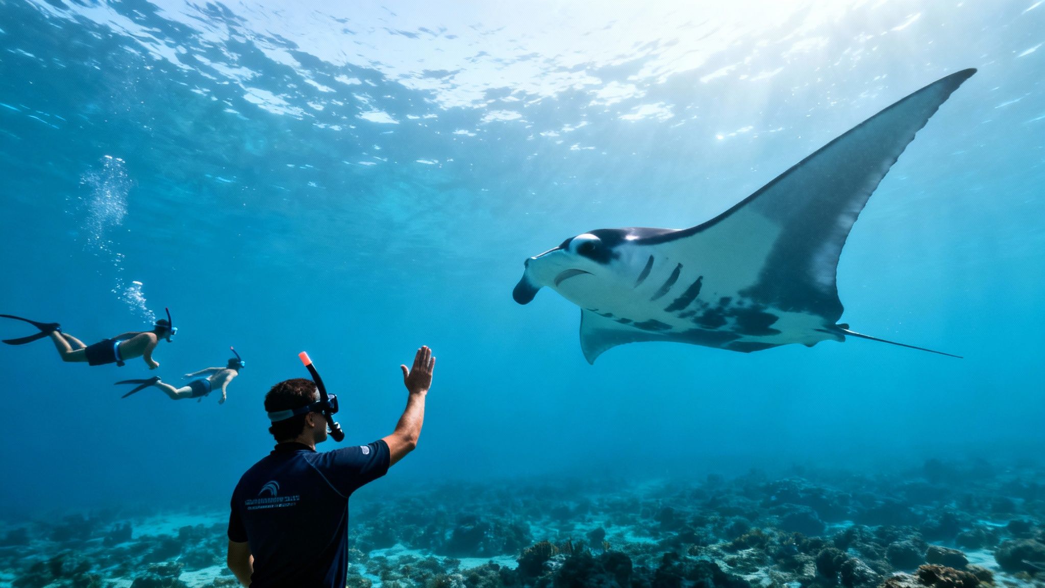 Snorkelers swim with a giant manta ray in clear blue ocean water with sunlight streaming down.