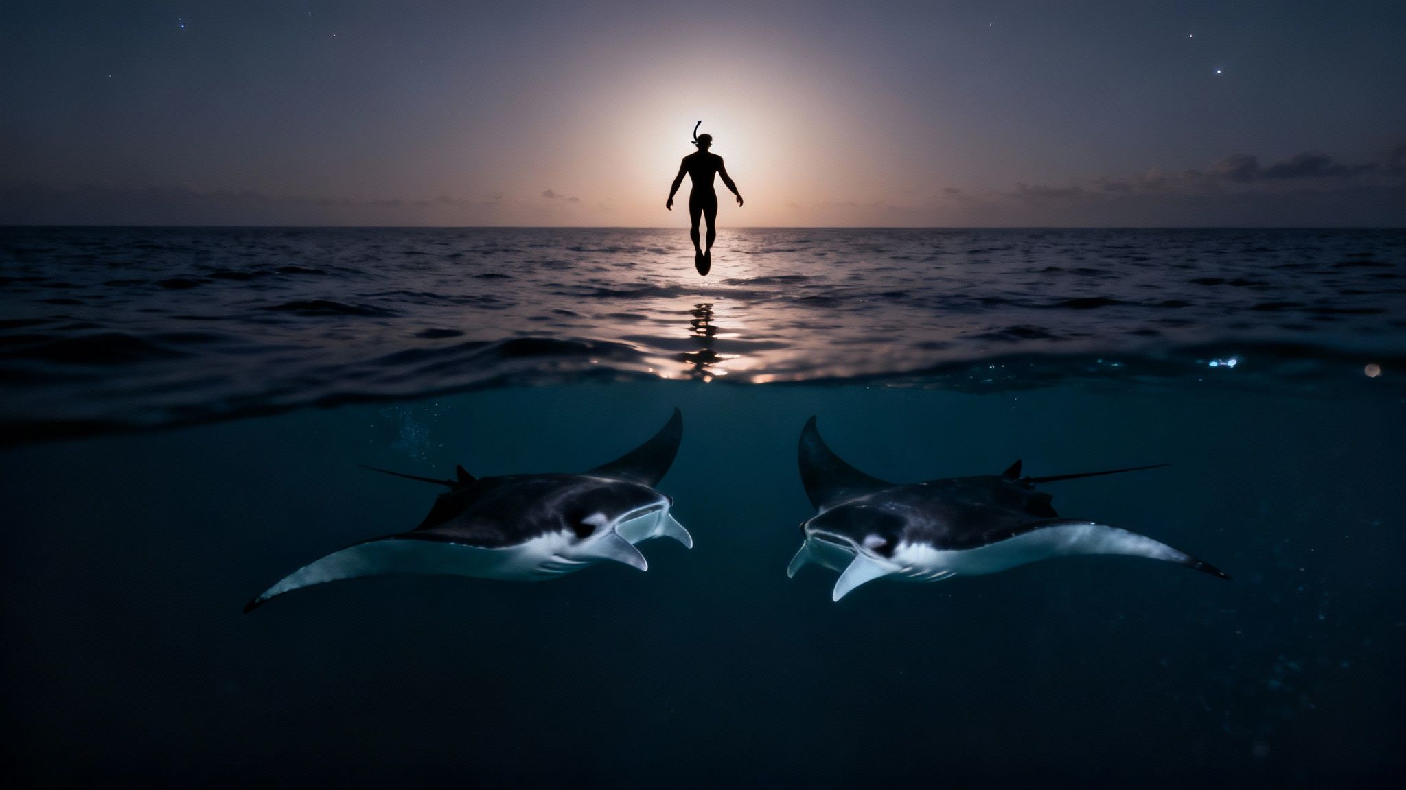 Giant manta ray gracefully gliding under a snorkeler on the Big Island