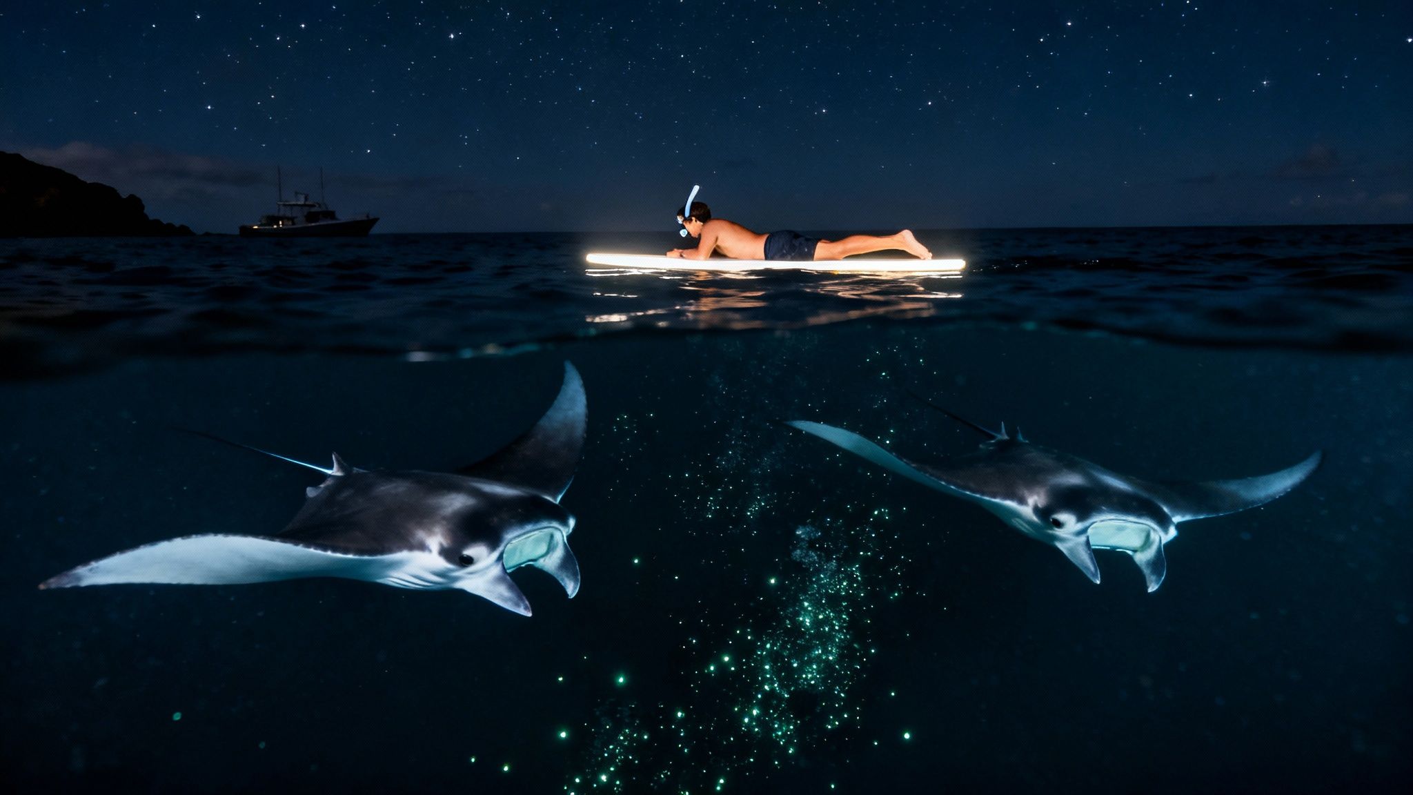 A large manta ray glides gracefully near the surface at night, illuminated by tour lights, with snorkelers visible above.