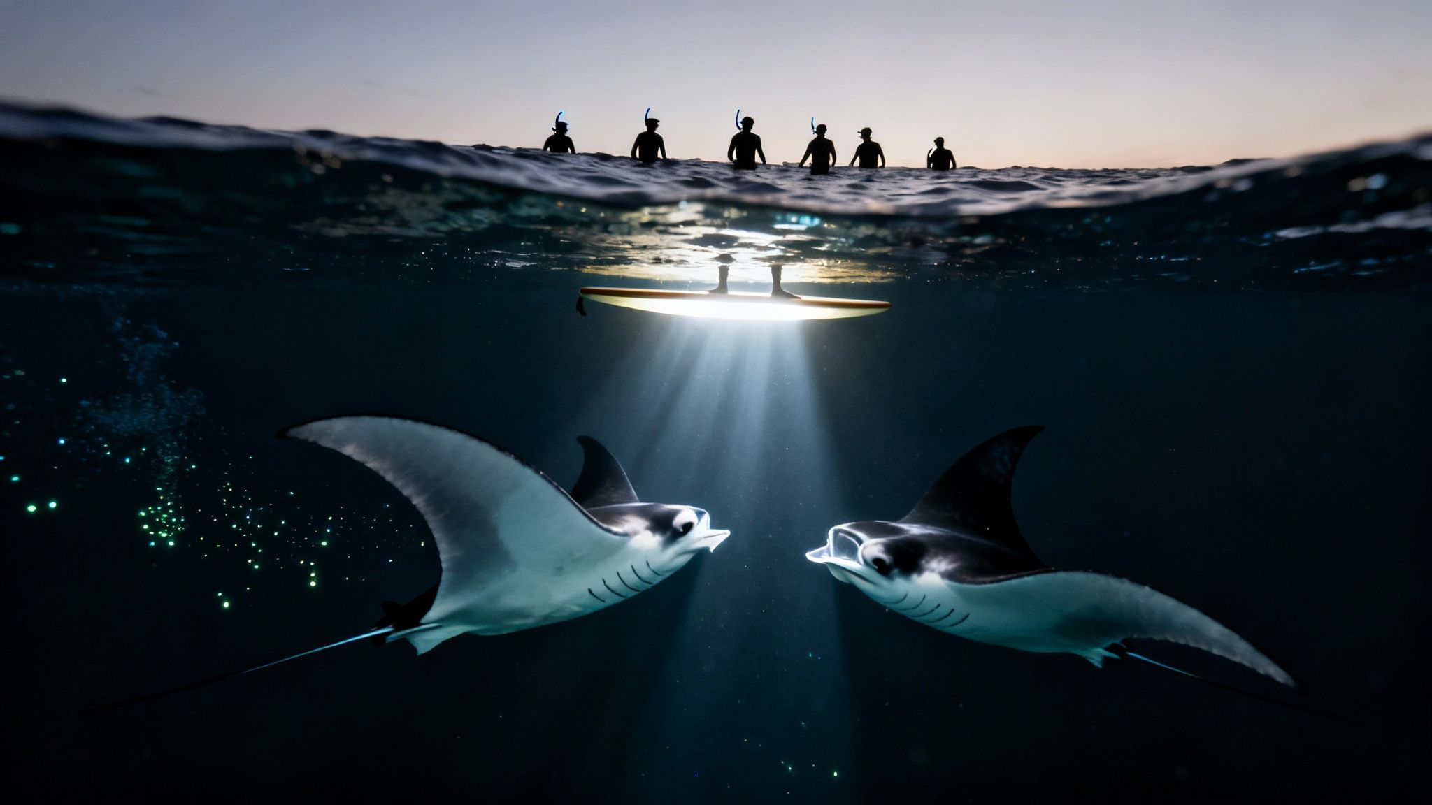 Two manta rays swim under a glowing paddleboard, observed by snorkelers at sunset.