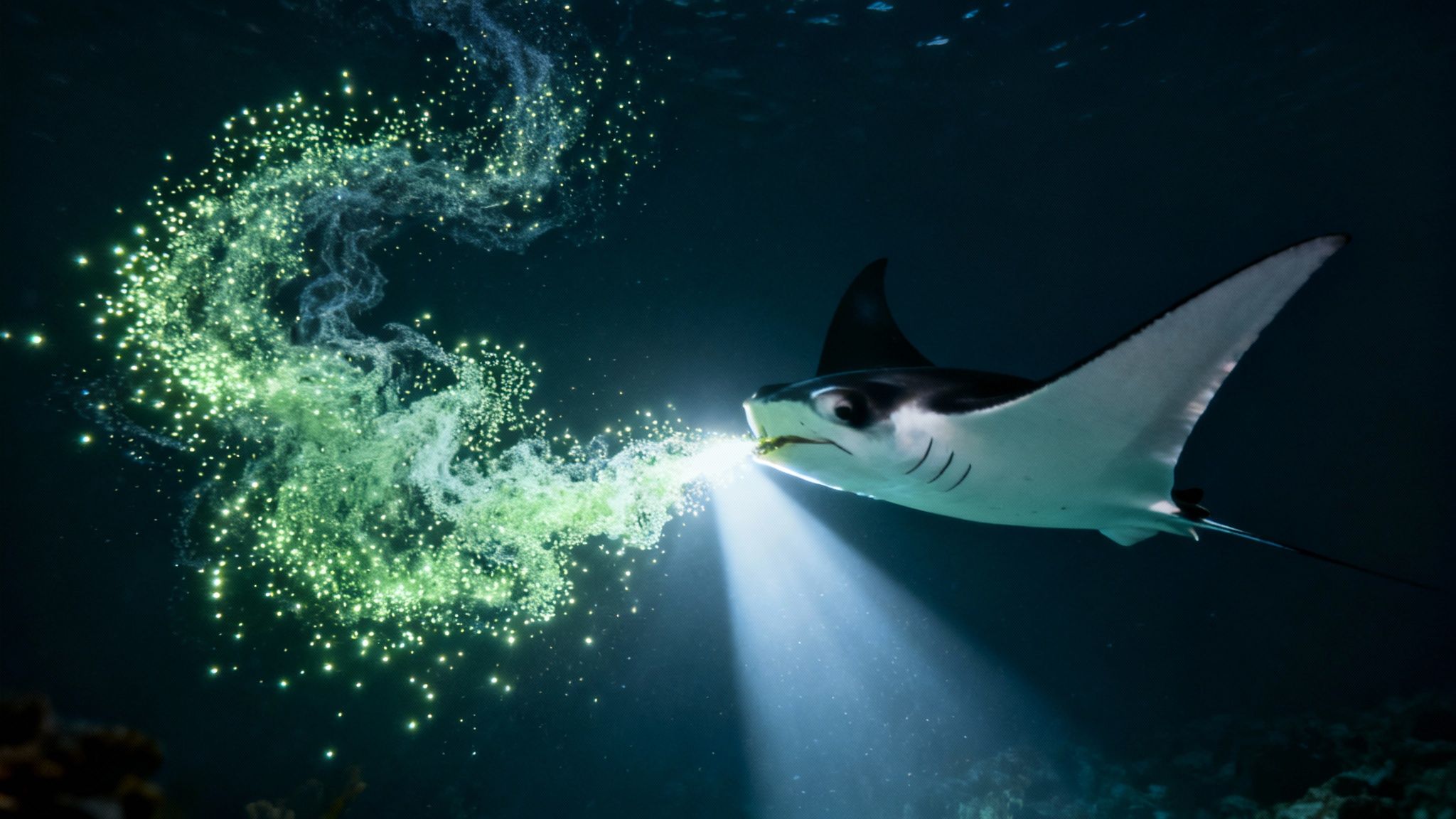 A majestic manta ray under the ocean, creating a luminous trail of green light particles.