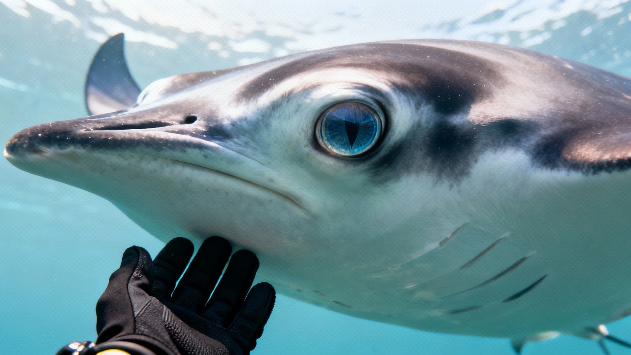 A close-up underwater shot of a person gently touching the underside of a manta ray, showing its blue eye.