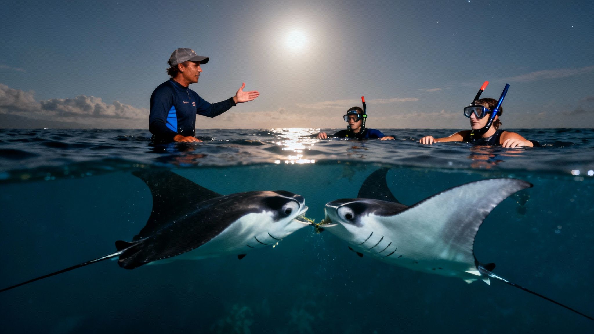 A guide instructs snorkelers while two manta rays feed underwater during a night tour.