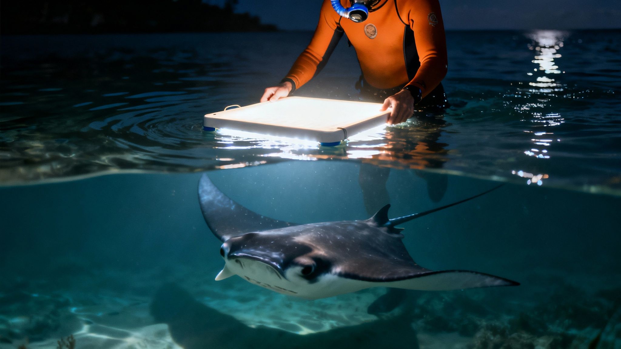 A diver in a wetsuit holds a bright light, attracting a graceful manta ray in dark ocean waters.