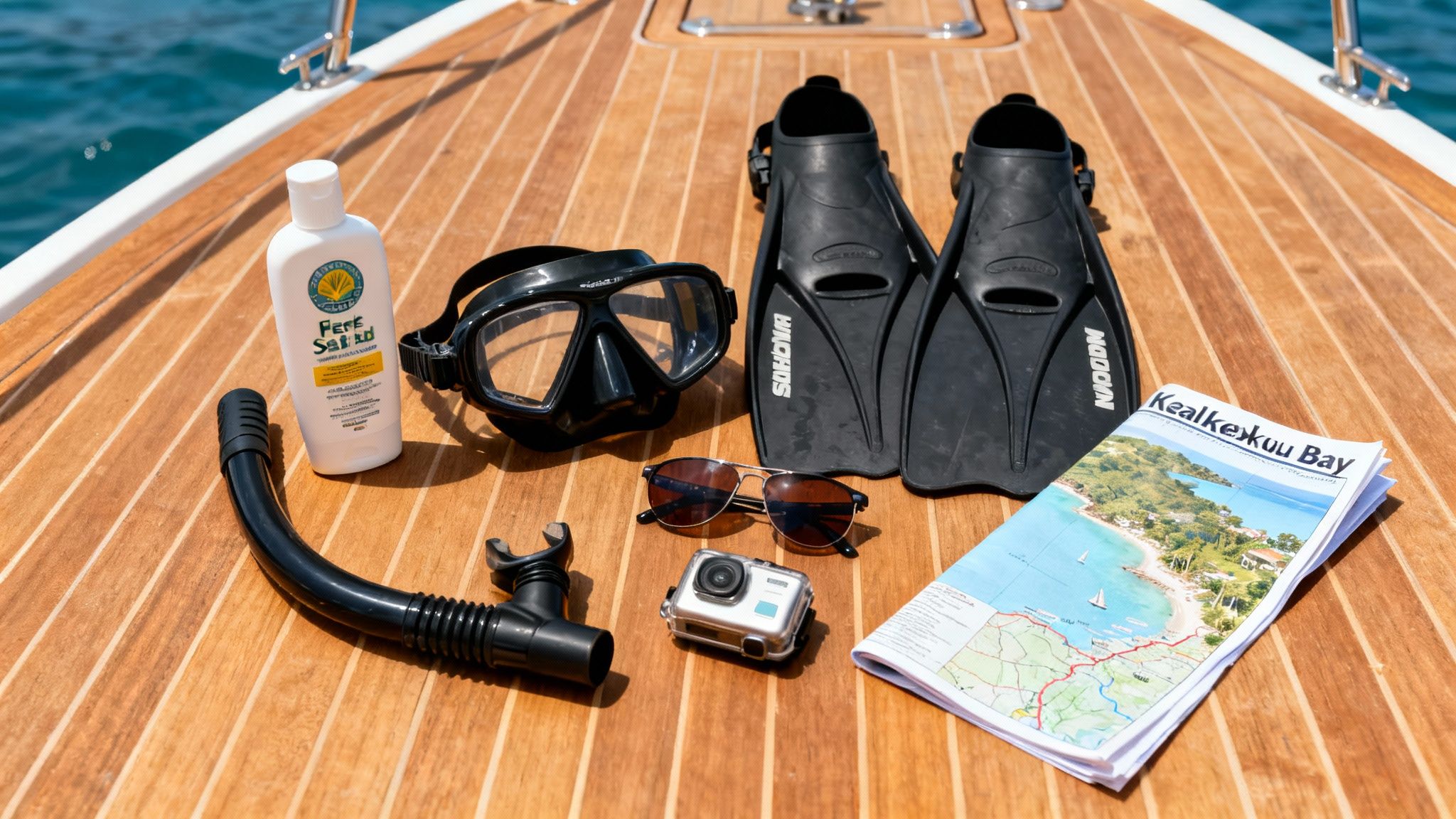 Snorkeling gear including fins, mask, snorkel, sunscreen, and camera on a wooden boat deck.