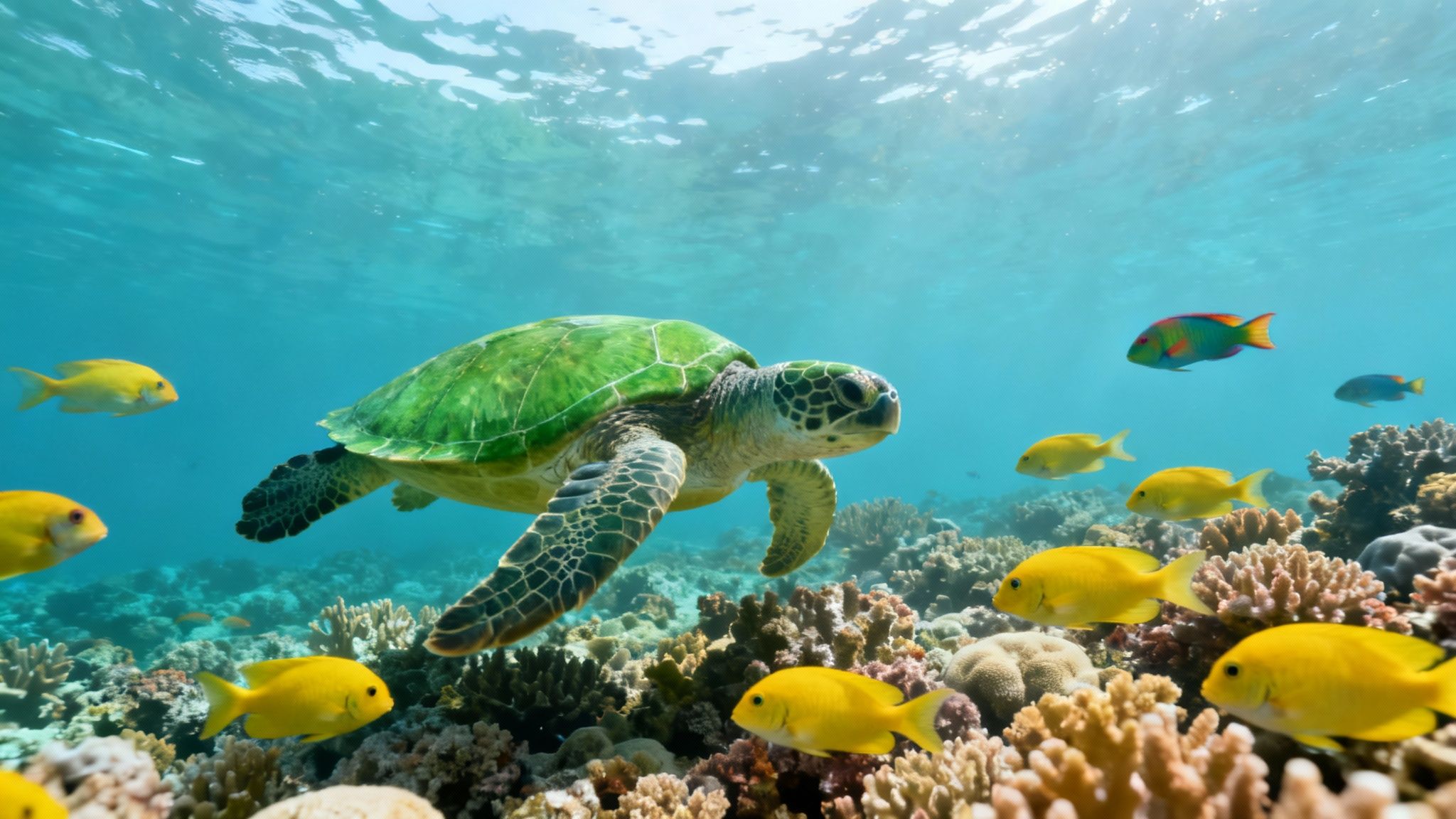 A school of yellow tang fish swimming over a healthy coral reef in Kealakekua Bay