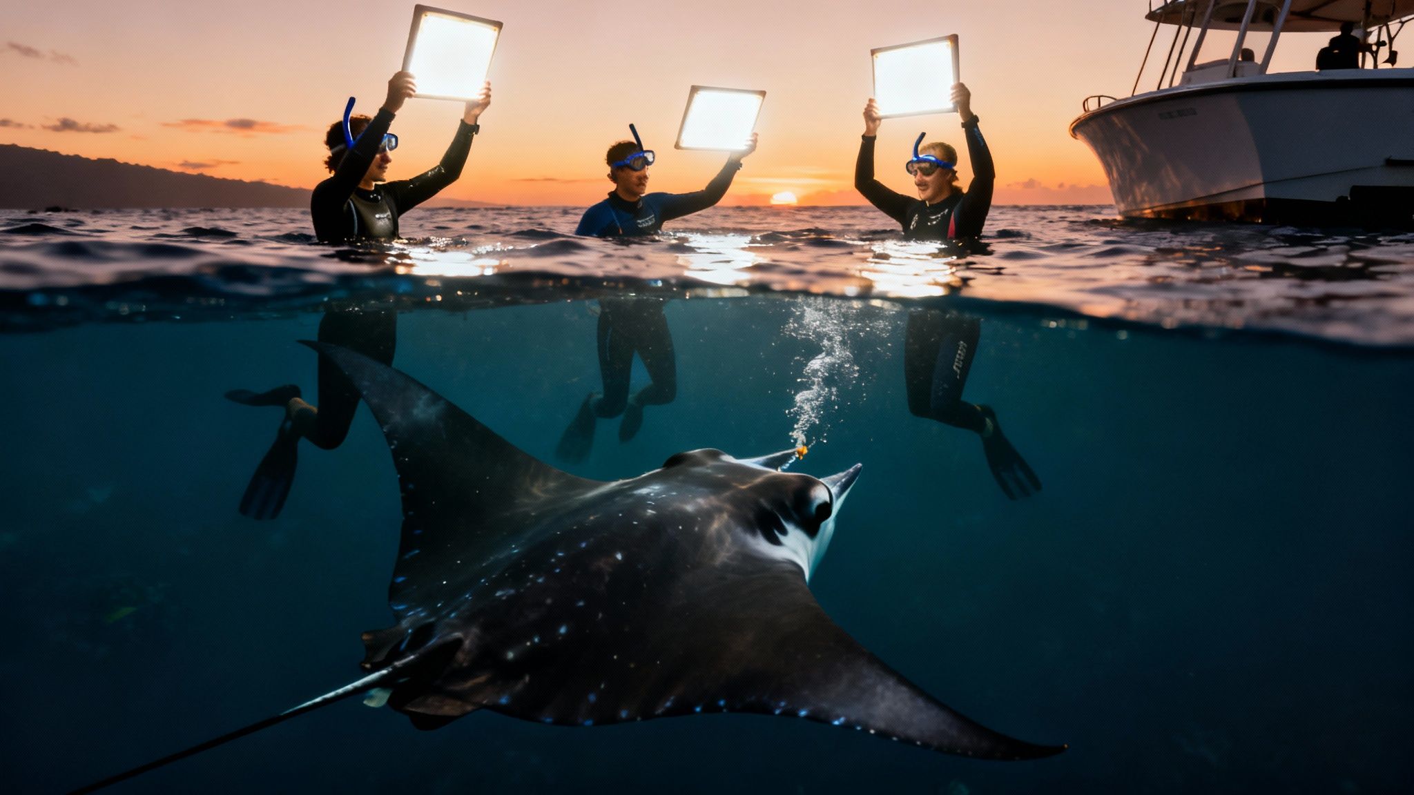 Three people snorkel at sunset, holding lights to attract a manta ray swimming below the surface.