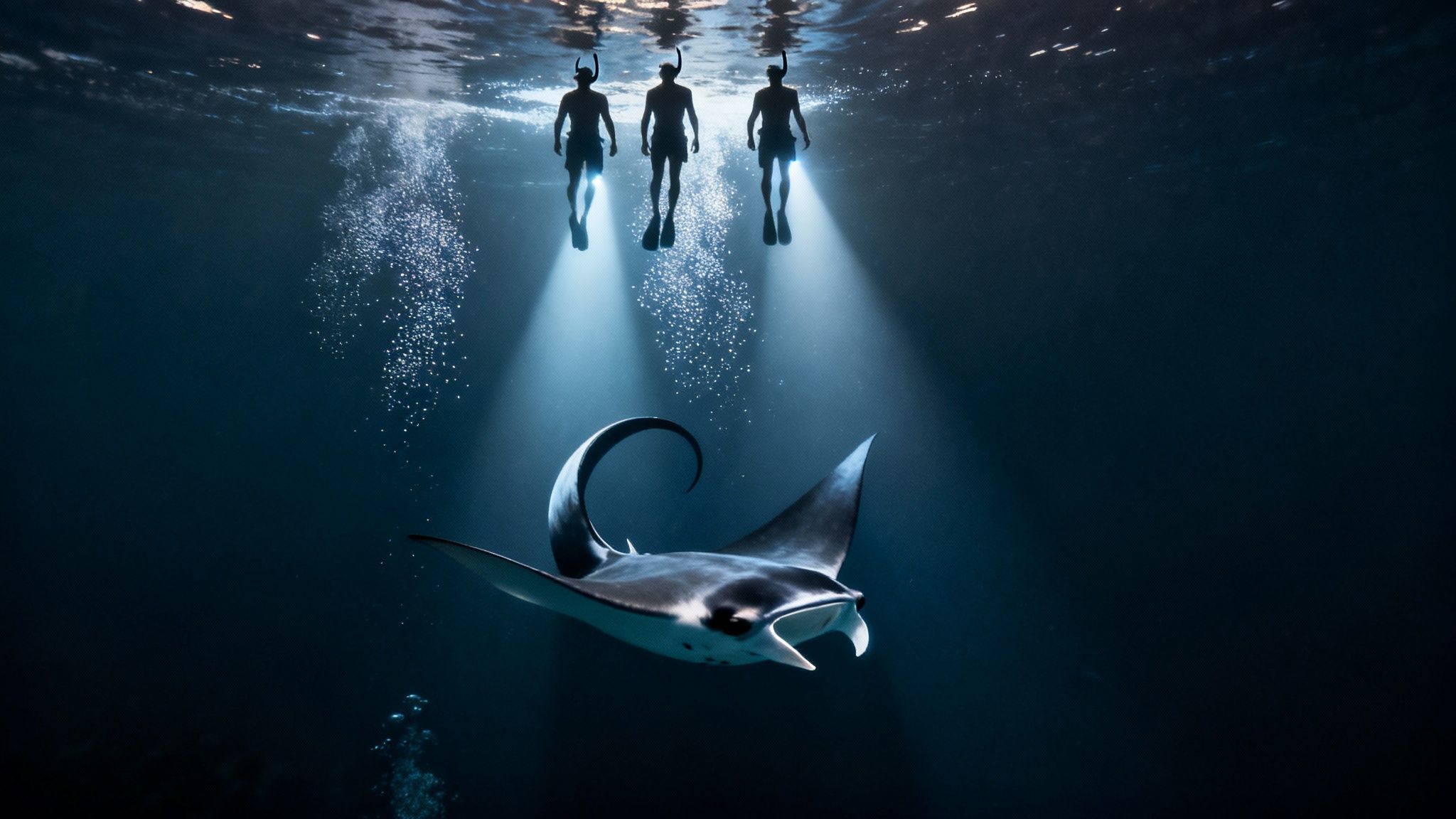 Three snorkelers with lights observe a majestic manta ray swimming deep underwater.