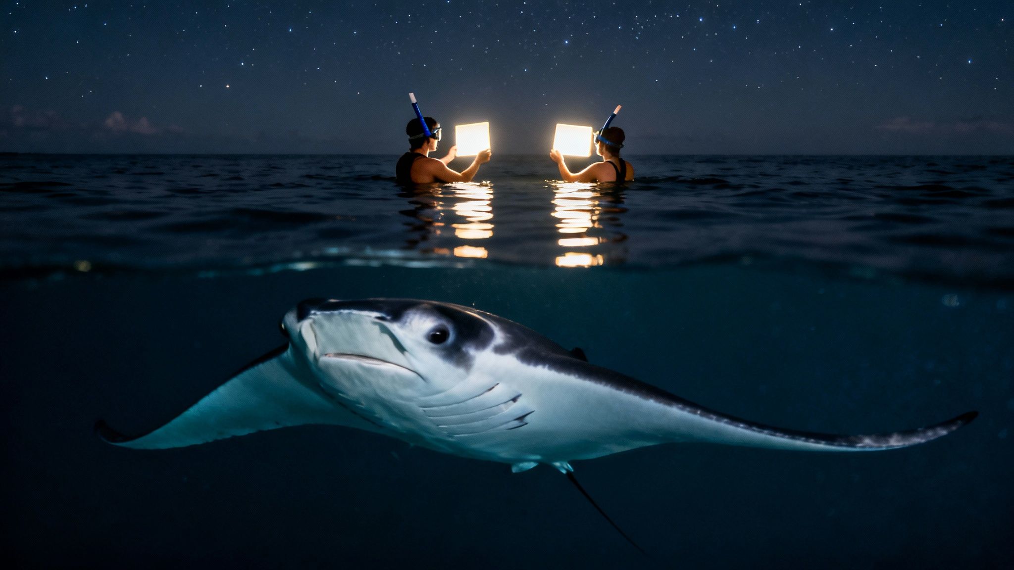 Two people snorkel at night with glowing panels, illuminating a manta ray swimming underwater beneath a starry sky.