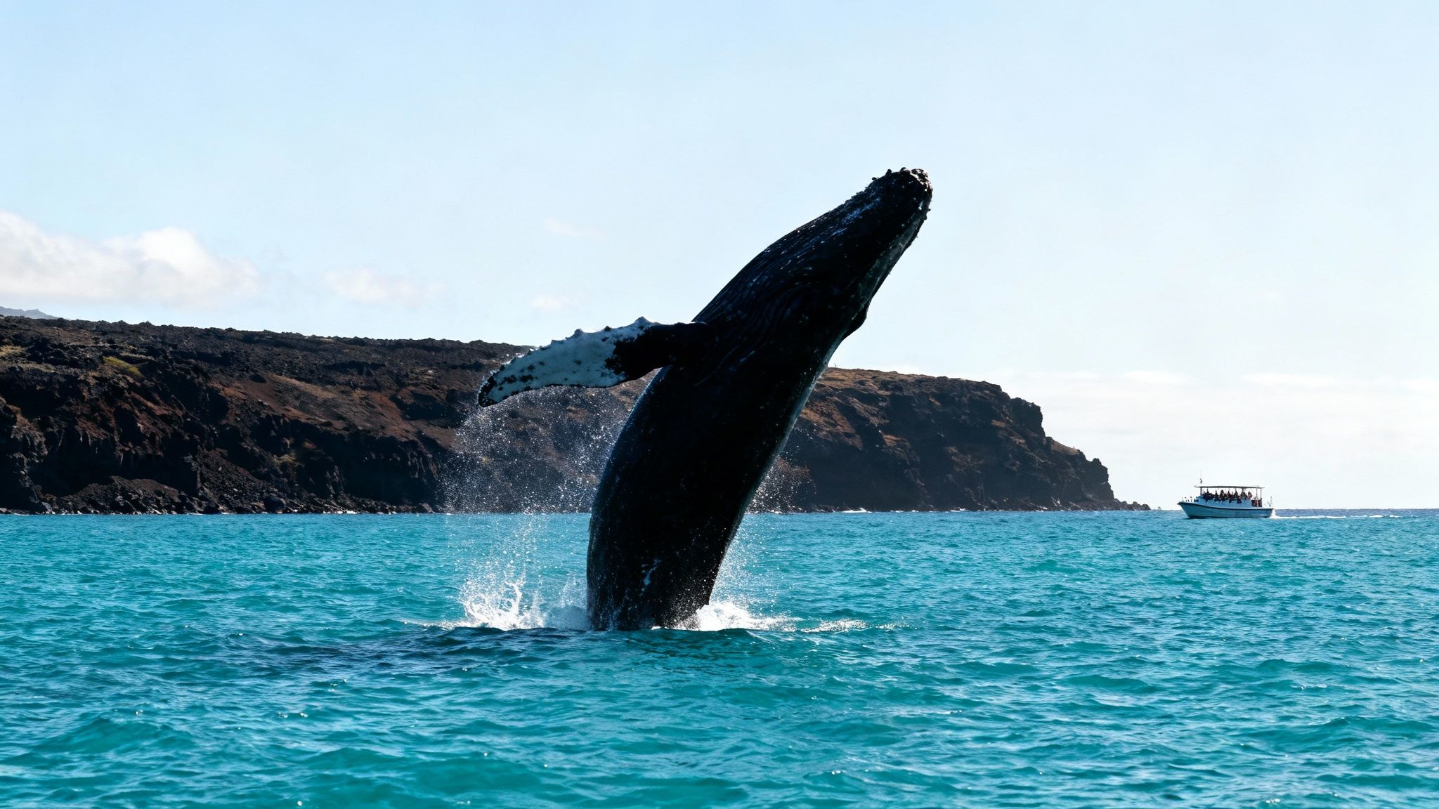 A majestic humpback whale breaches out of the clear blue ocean, with a rocky coastline and a distant boat.