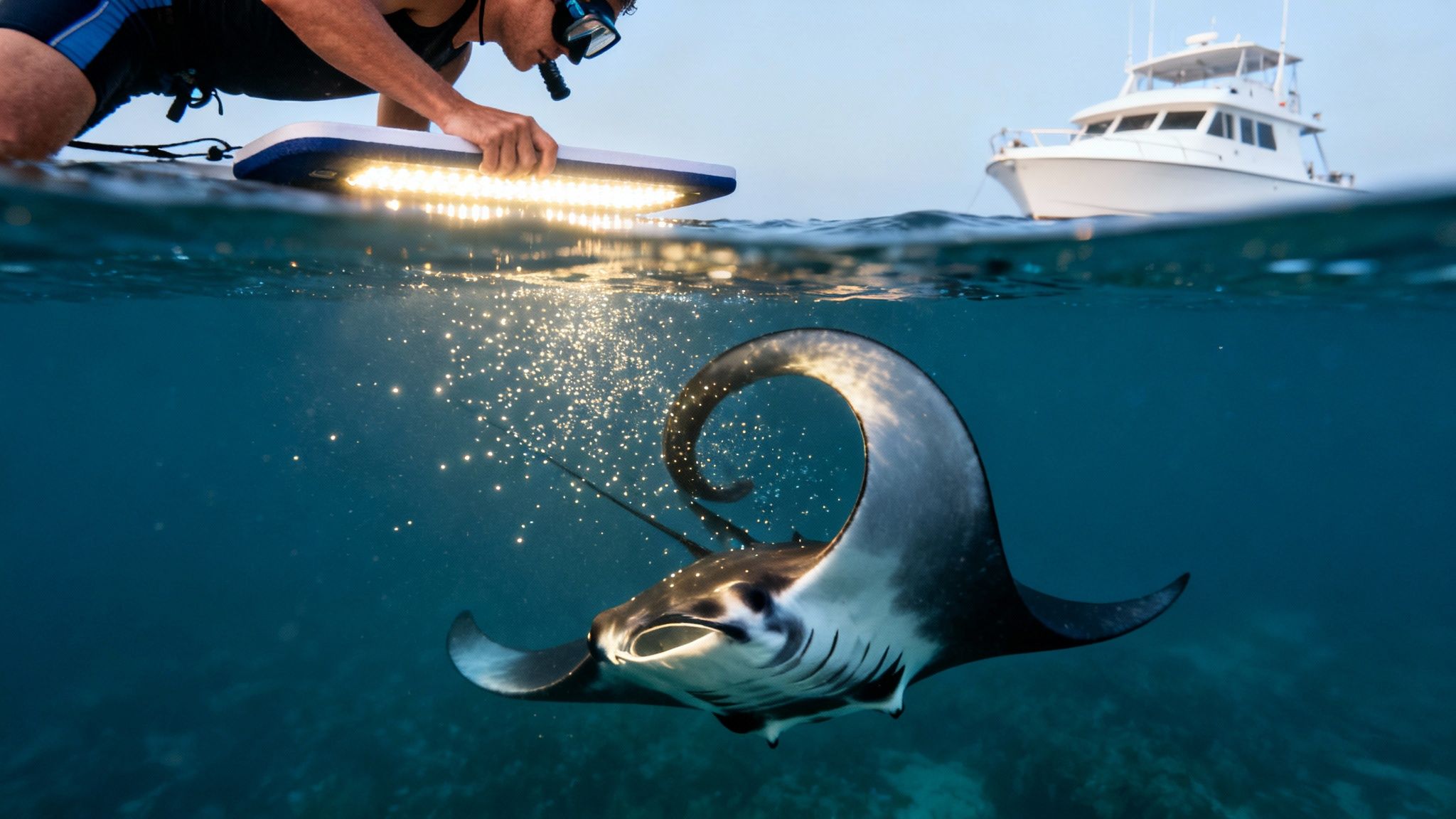 A person with a light attracts a majestic manta ray in clear ocean waters at night, with a boat nearby.