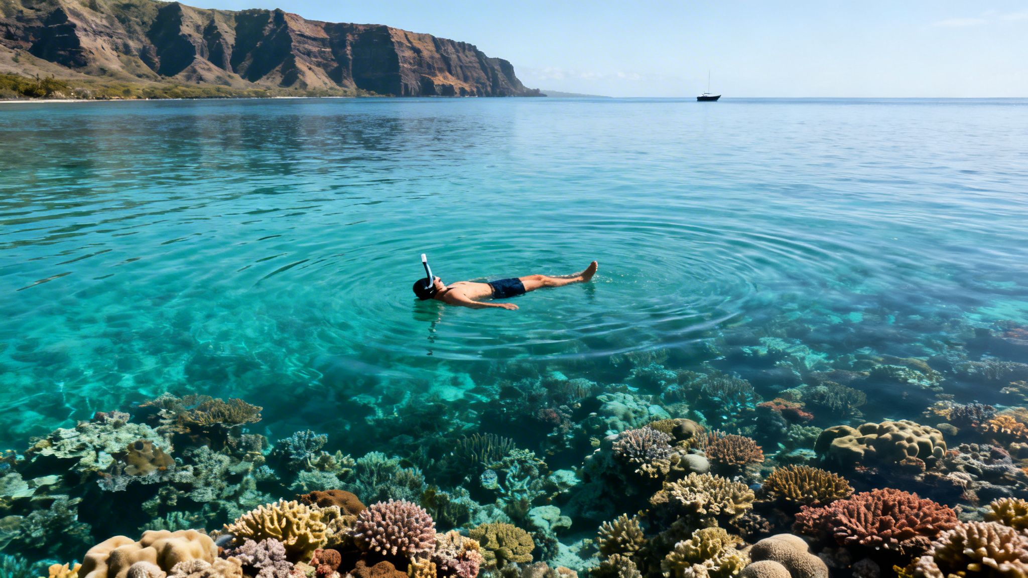 A man in a snorkel mask floats peacefully in clear turquoise water above a vibrant coral reef.