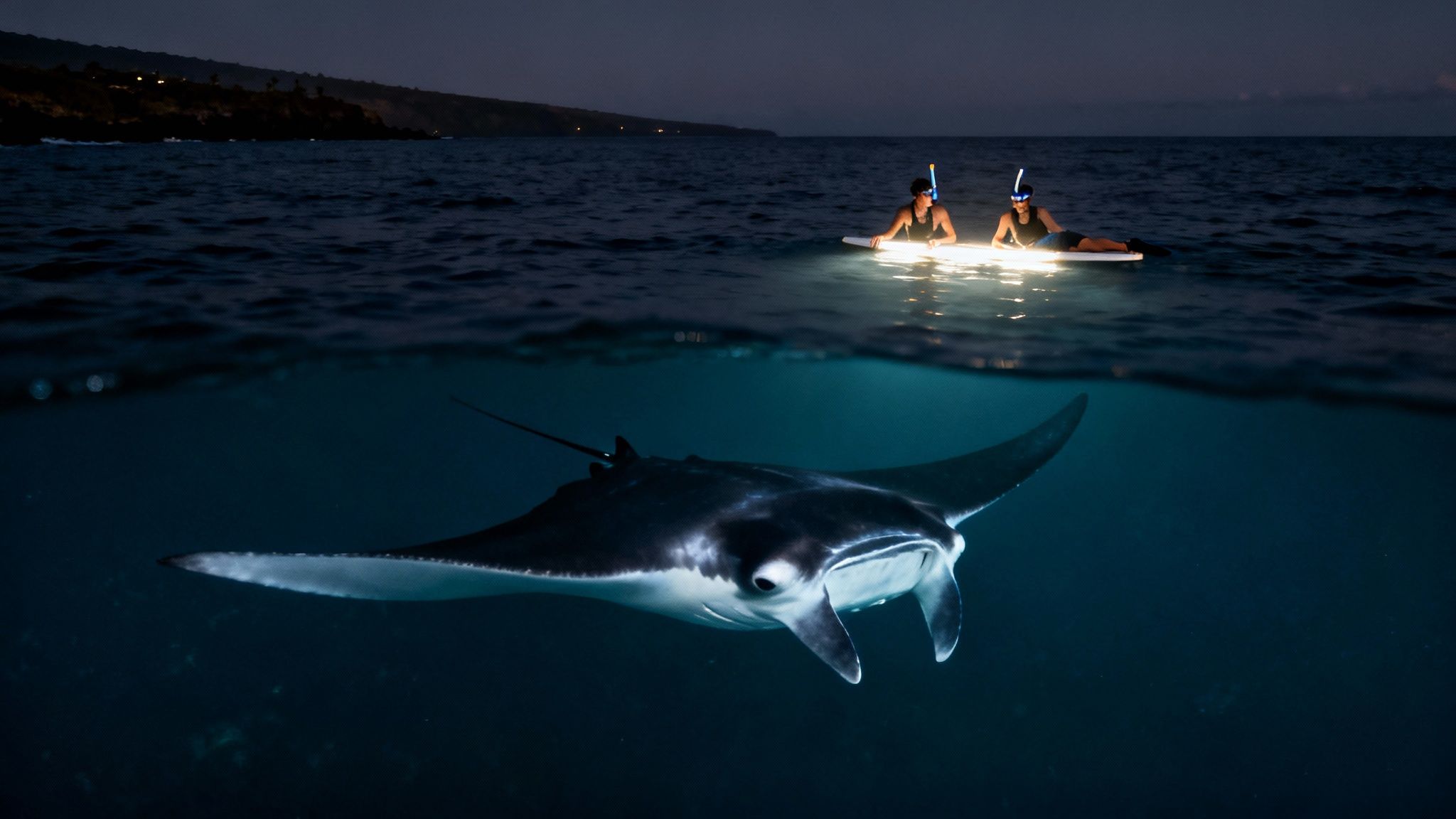 Two snorkelers on illuminated boards watch a majestic manta ray swimming underwater at night.
