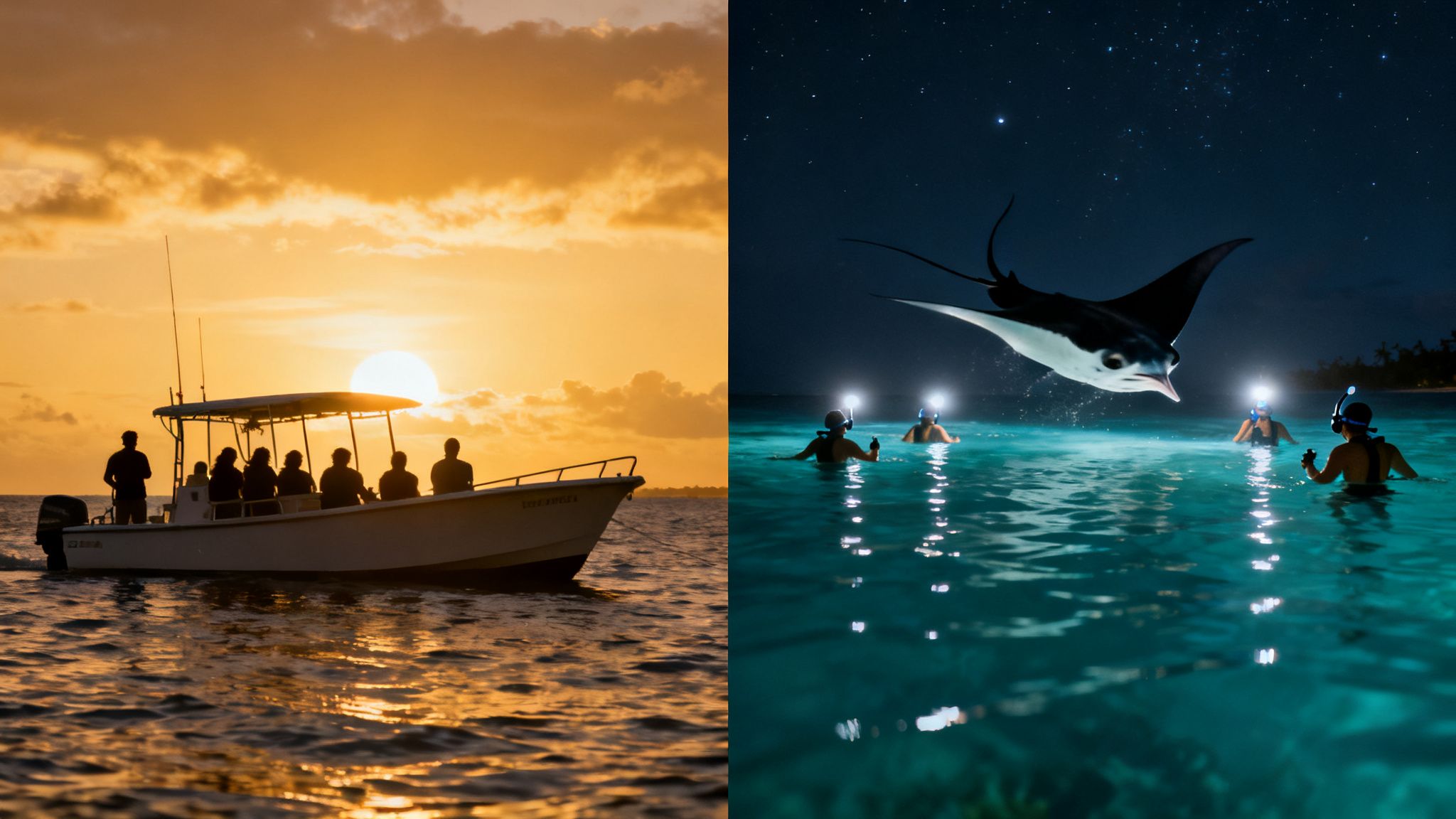 A boat with people at sunset, and snorkelers watching a manta ray jump at night.