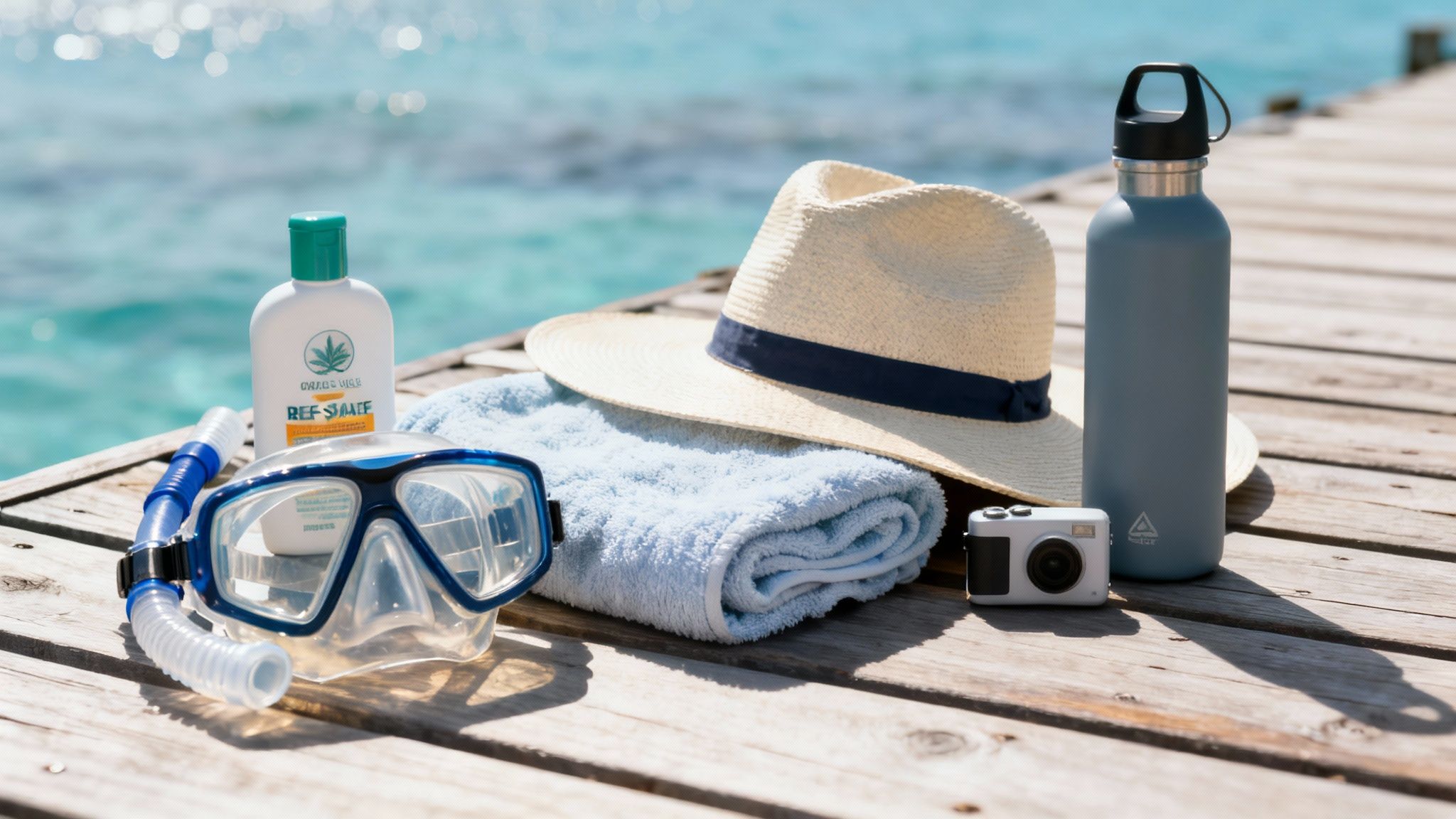 Beach essentials with snorkeling mask, sunscreen, towel, hat, water bottle and camera on wooden dock