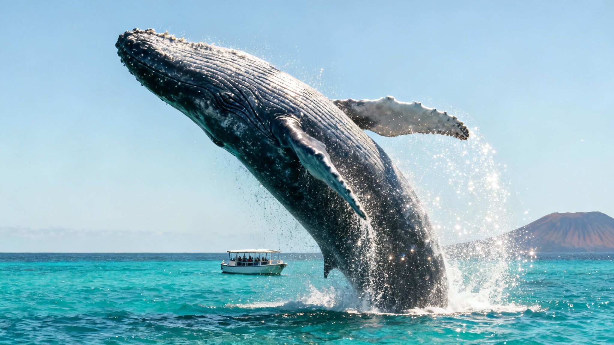 A majestic humpback whale breaches spectacularly out of turquoise waters next to a tour boat.