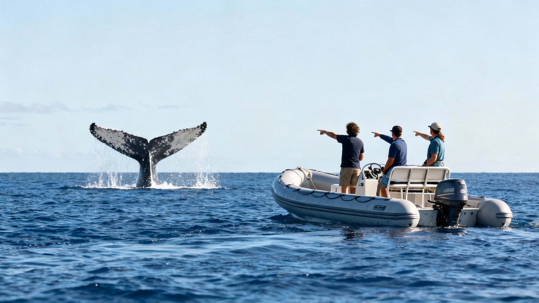 Three people on a boat pointing at a whale's tail splashing in the blue ocean.