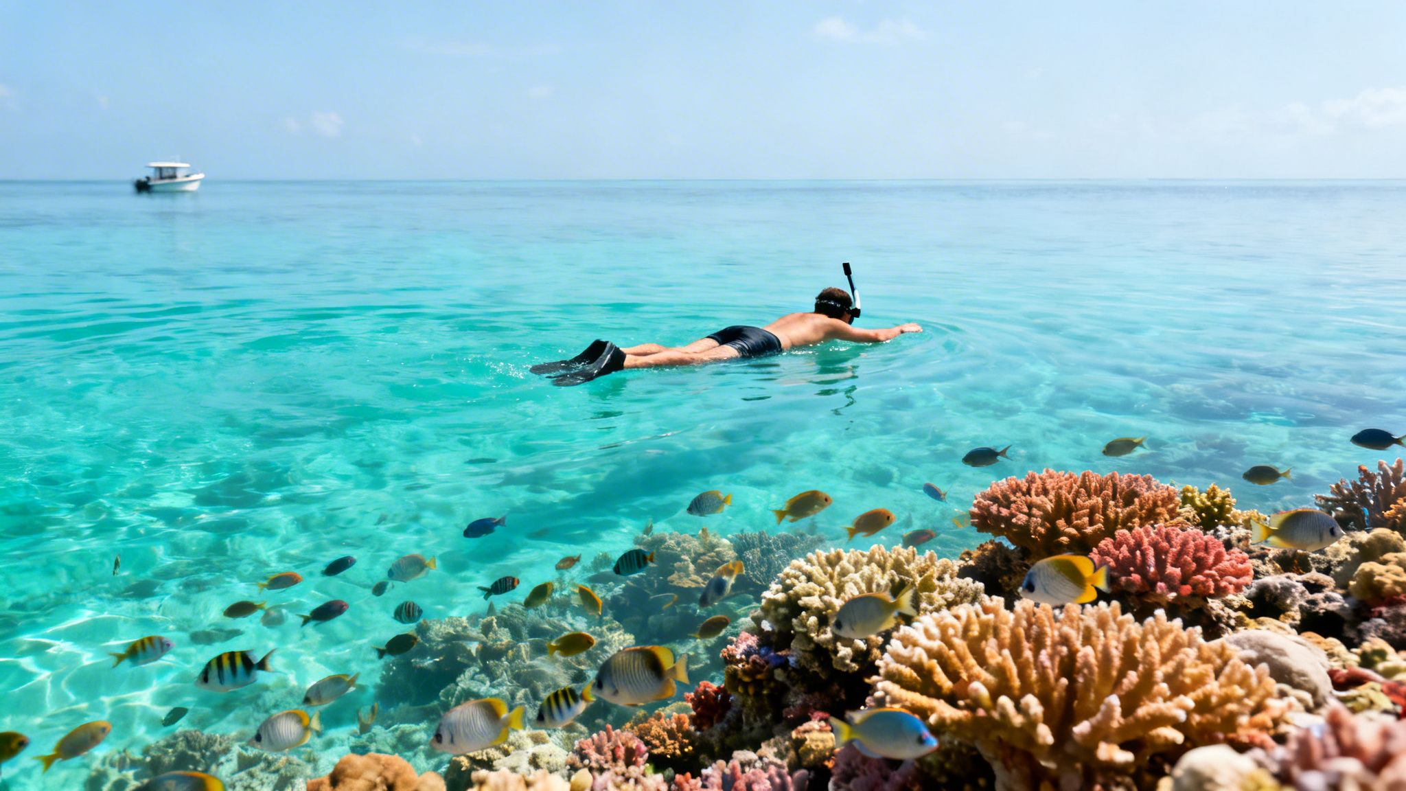 A person snorkels above a vibrant coral reef filled with colorful fish in clear blue tropical water.